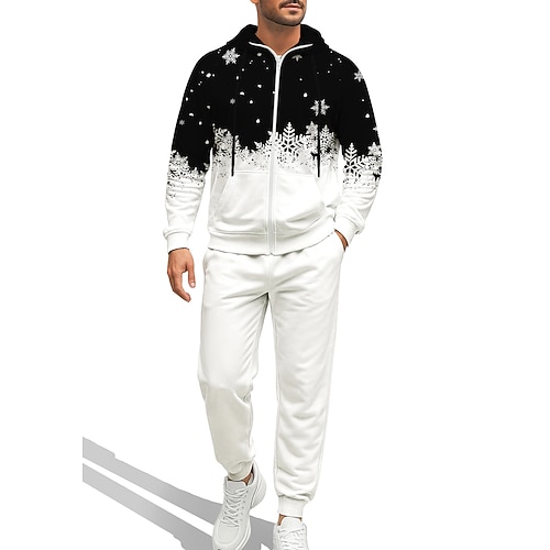 Natale Per uomo Felpa con cappuccio Tuta da Ginnastica Felpa con cappuccio con zip Coulisse Tasche Pantaloni Felpa con Cappuccio Felpa Autunno Nero con Bianco Bianco nero Allenamento in Palestra