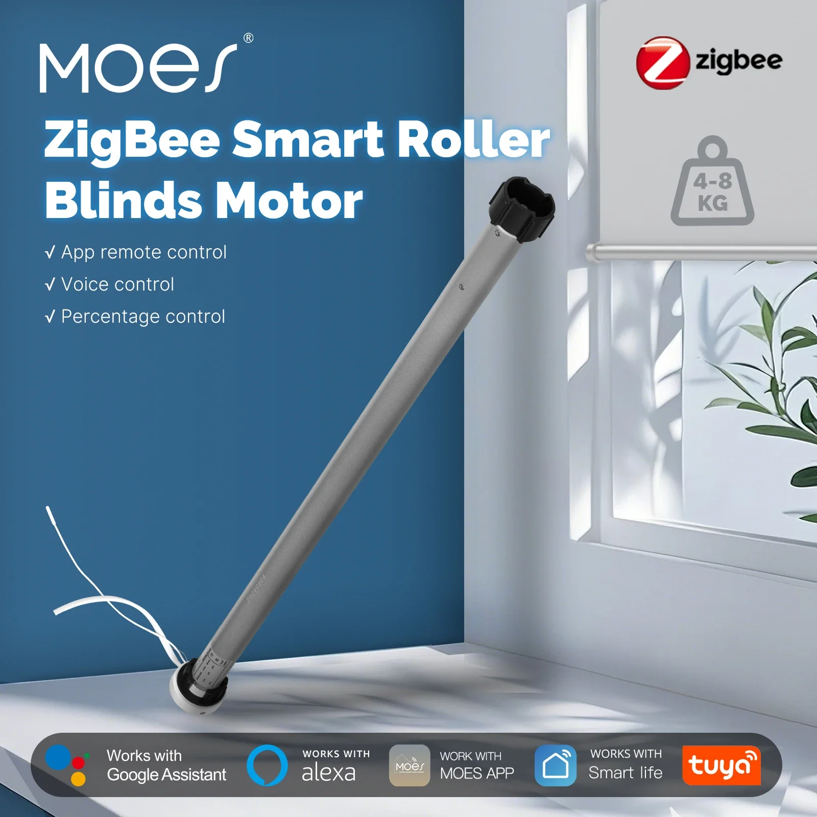 MOES Tuya Automatischer Smart Zigbee-Rollo-Motor für 38-mm-Rohrfernbedienung, funktioniert mit Smart Life Alexa Google Home Image