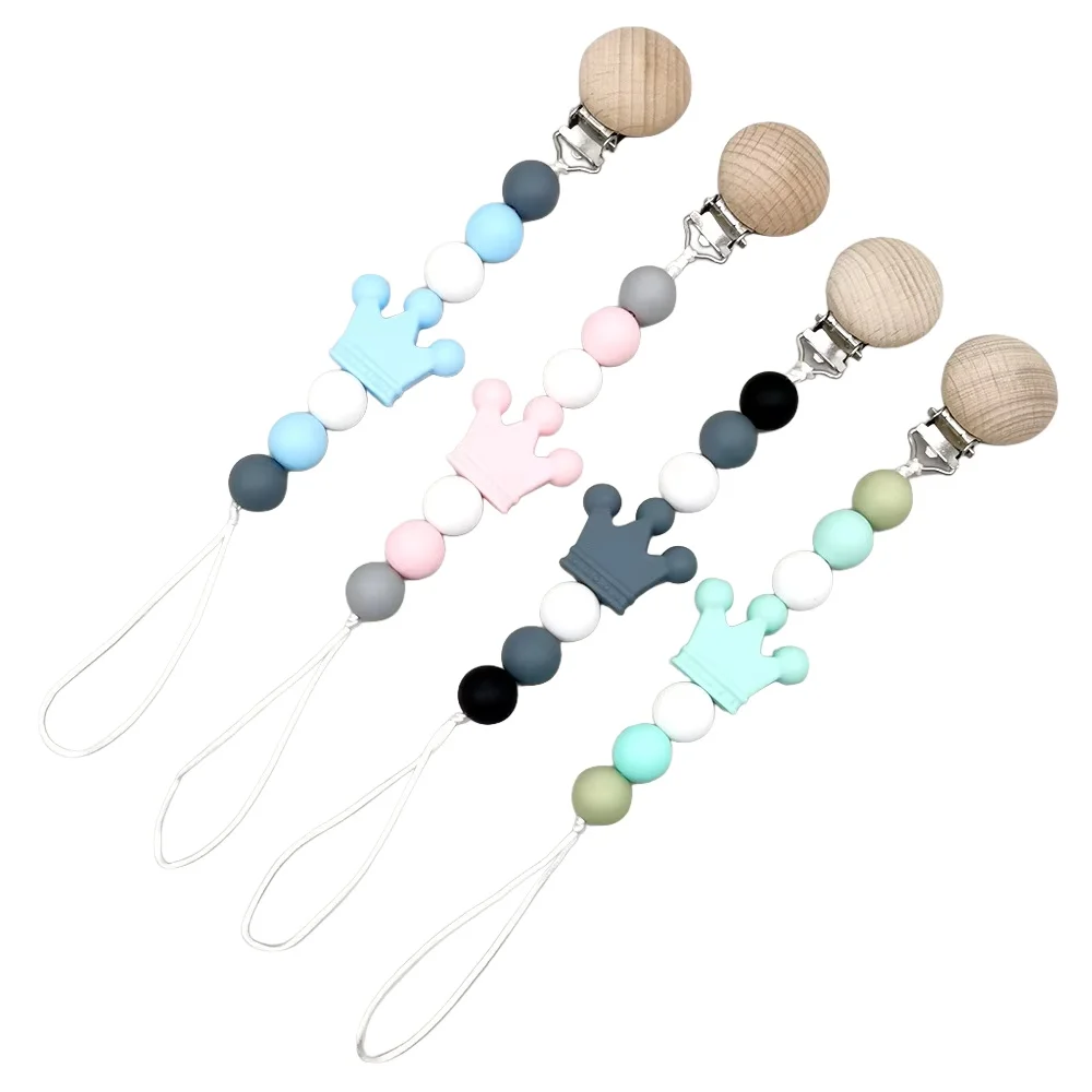 Holz Schnuller Clips Baby Krone Beißring Spielzeug Riemen Baby Schnuller Kette Schnuller Halter Image