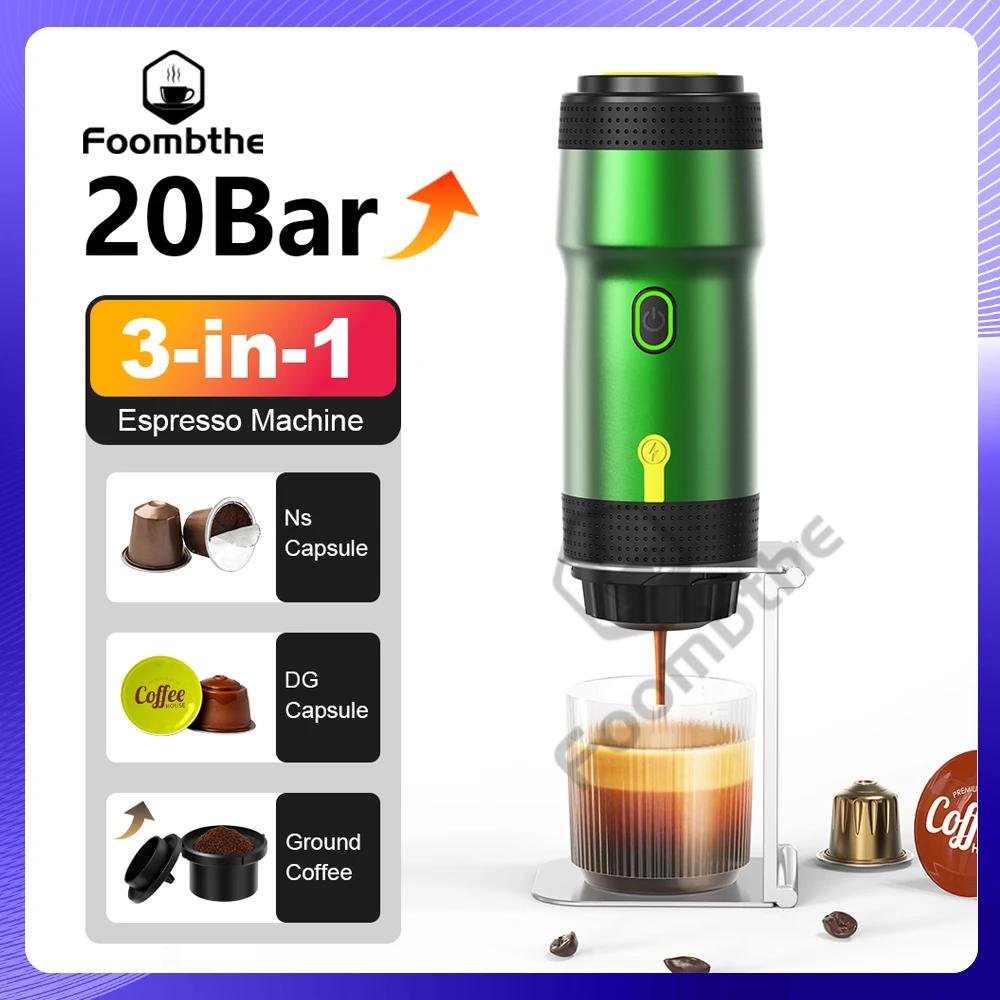 Foombthe Elektrische tragbare Kaffeemaschine, italienische Espressomaschine für Auto und Zuhause, 3-in-1-Kapselpulver-Reisekaffeemaschine