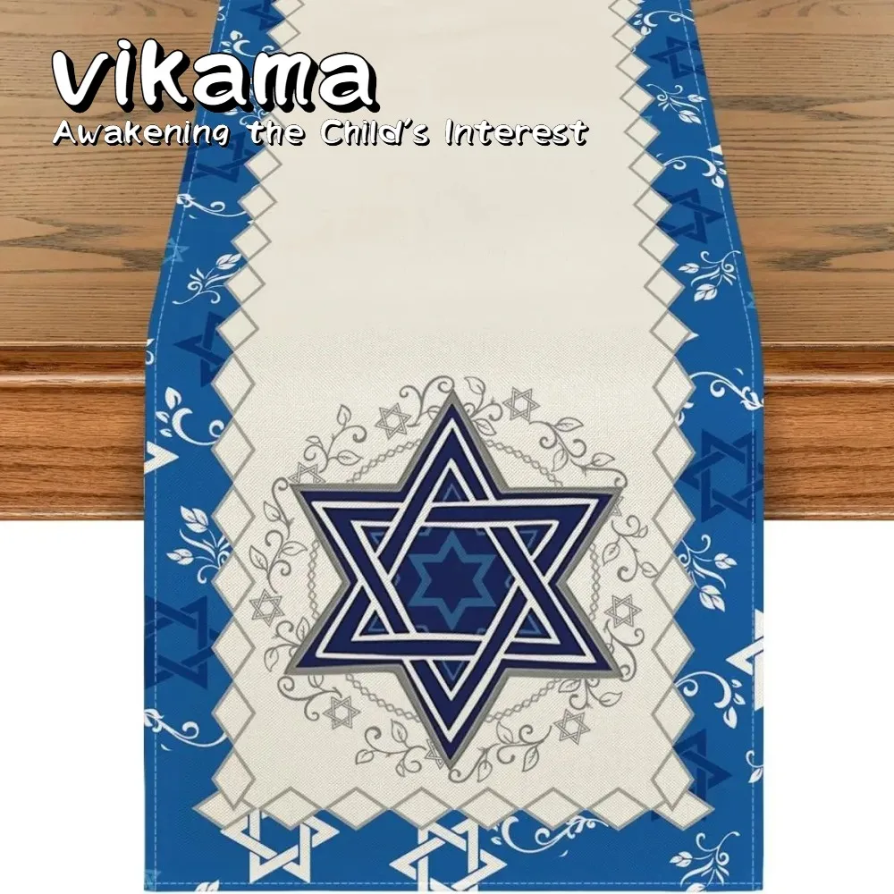 VIKAMA Elegante Leinentischdecke | Star of David Seven-Branch Kerzenständer-Design, ideal für Pessach-Tisch-Party-Dekorationen Image