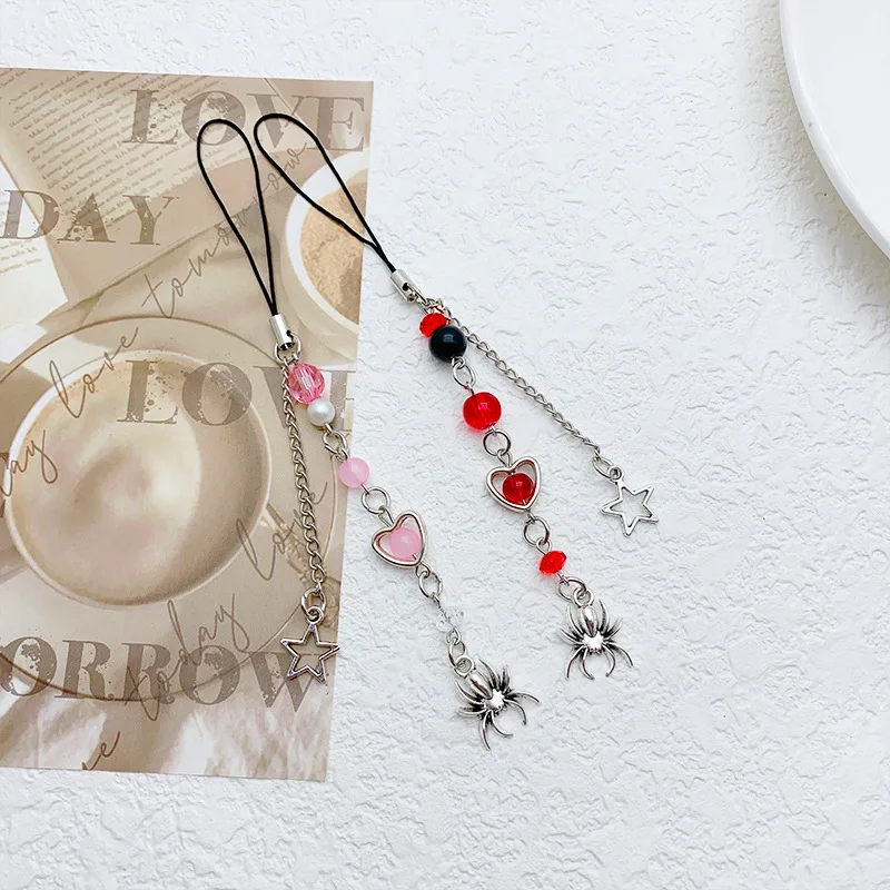 Y2K Gothic Stern Herz Perlen Handy Lanyard Kreative Spinne Anhänger Telefon Kette Ästhetische Handy Gurt Schlüsselband