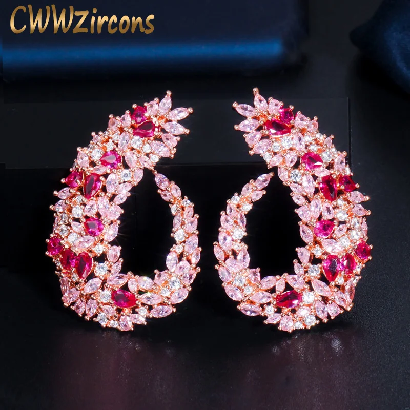 CWWZircons Rose Gold Überzogene Luxus Beliebte Geometrie Blume Rot Zirkonia Große Hochzeit Ohrring Mode Berühmte Schmuck CZ415