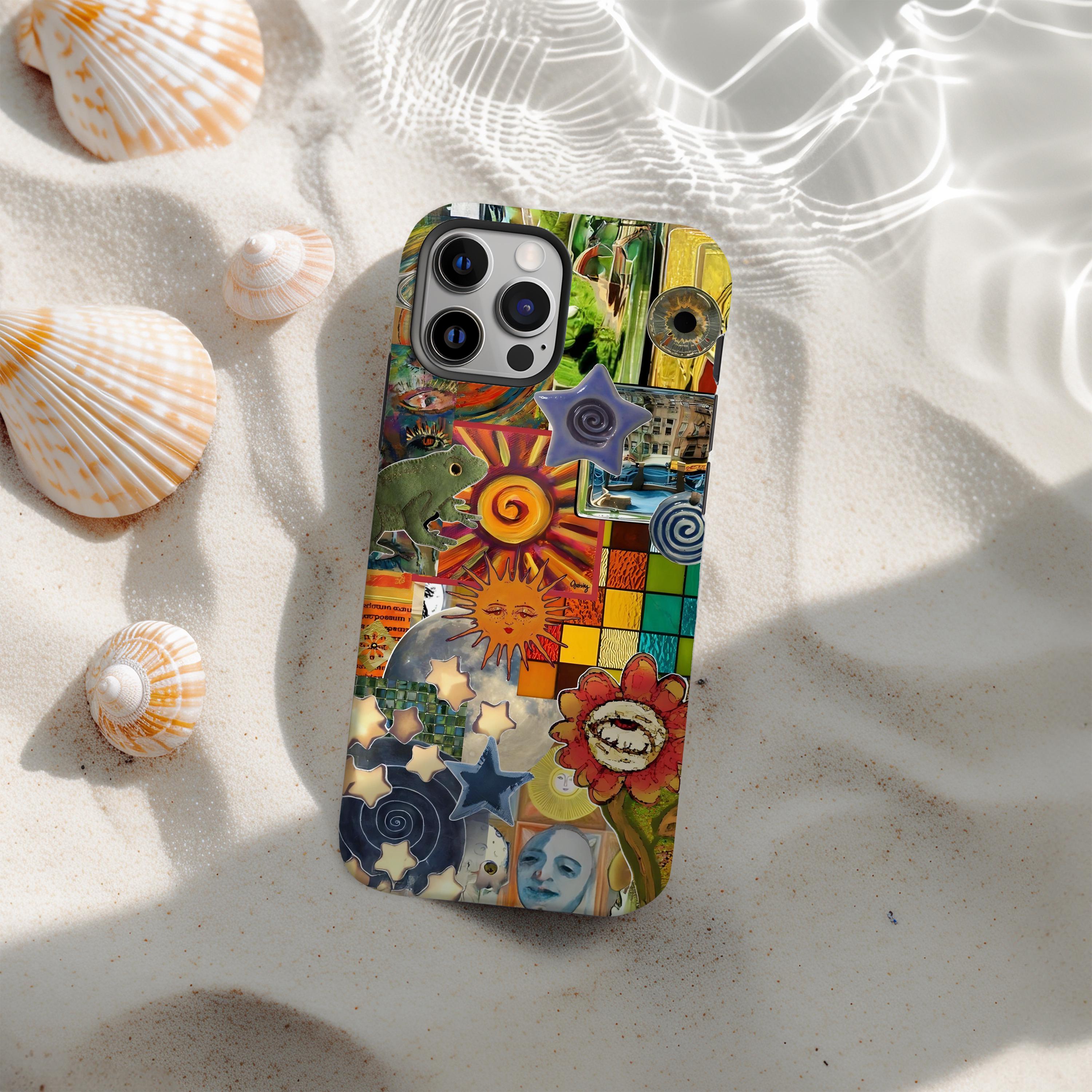 Custodie per telefono con collage artistico retrò e stravagante, custodia per telefono con sole e luna, cover estetica boho colorata per iPhone 17 16