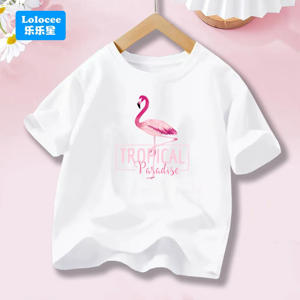 Elegante Tropical Paradise Flamingo Gedruckt T-shirt Mädchen Lustige Sommer Mode T Shirt Kinder Cartoon Kurzarm T-Shirt HLN1