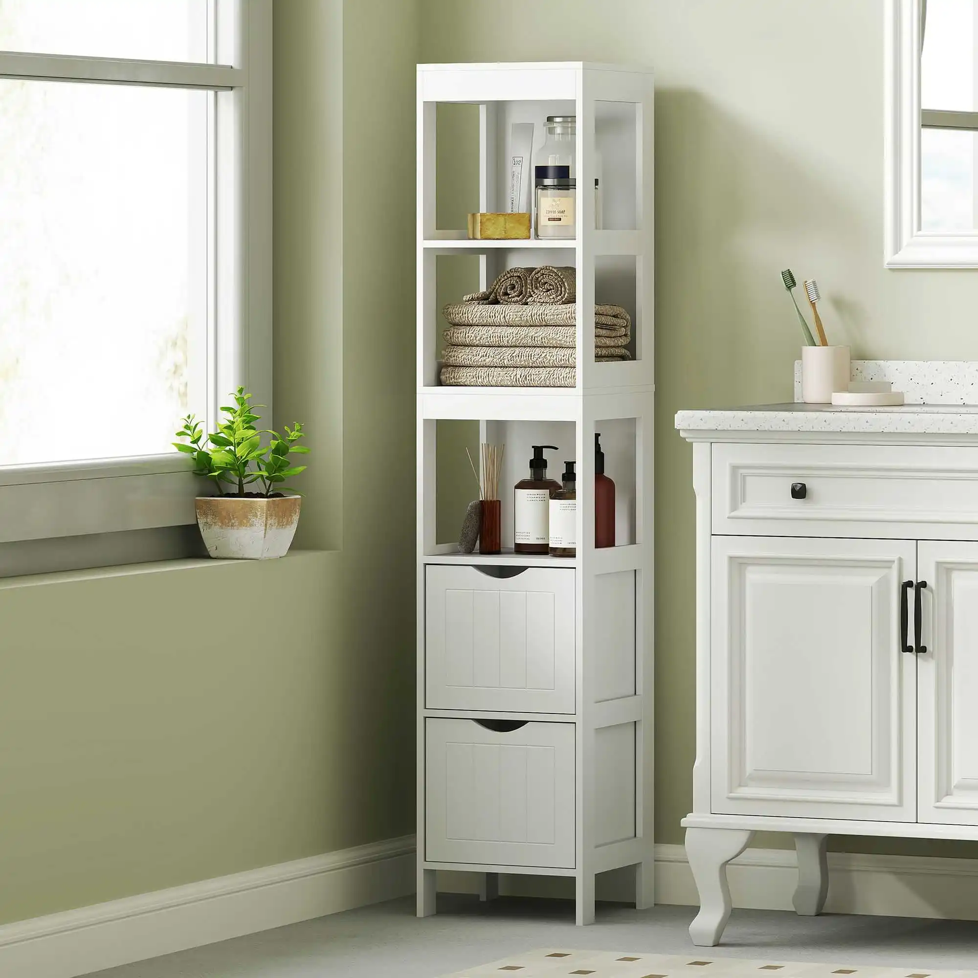 Mobile da bagno stretto, mobile da toilette alto con 2 cassetti e 3 scomparti aperti 30 x 30 x 141,2 cm Mobile da bagno bianco