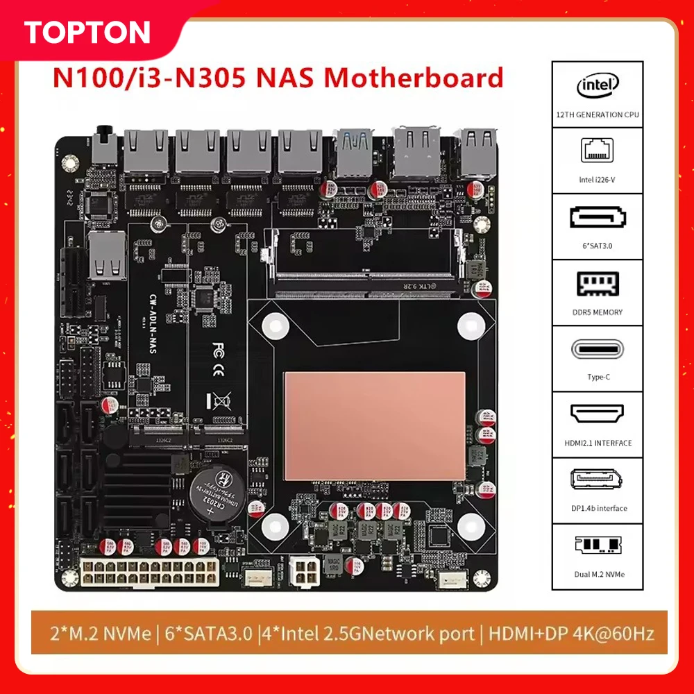 6-Bay N100 N150 i3-N305 N355 NAS Motherboard Intel 4x i226-V 2,5G LANs 2*NVMe 6*SATA3.0 DDR5 Mini ITX Mainboard PCIex1 Typ-C
