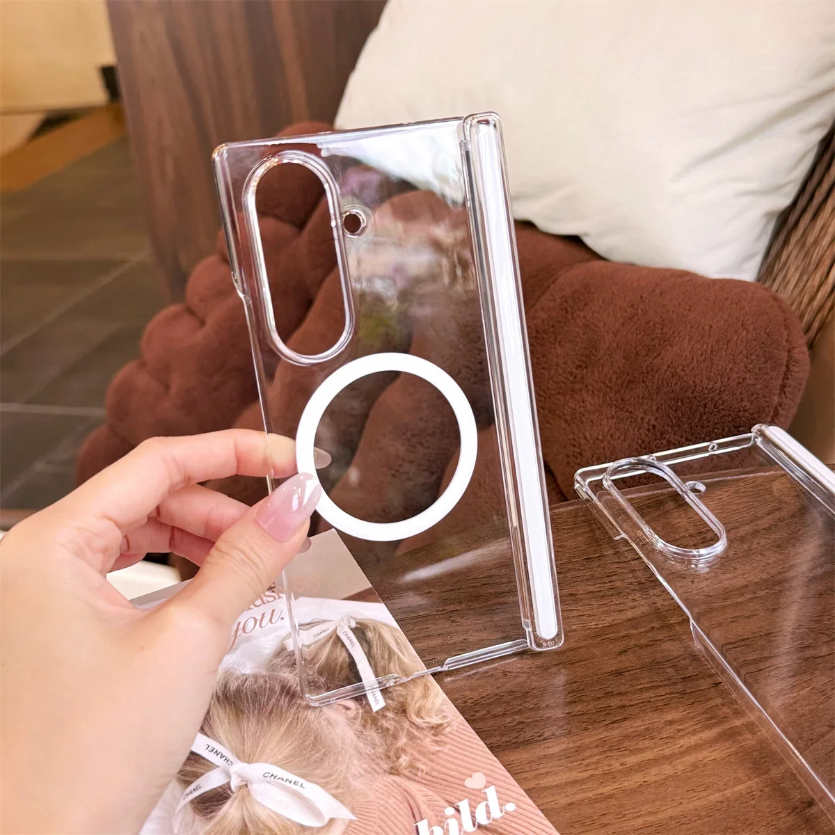 Per Samsung Galaxy Z Fold 7 6 5 4 Fold7 Fold6 Custodia per telefono metà confezione HD Trasparente Cerniera di ricarica wireless Cover protettiva rigida