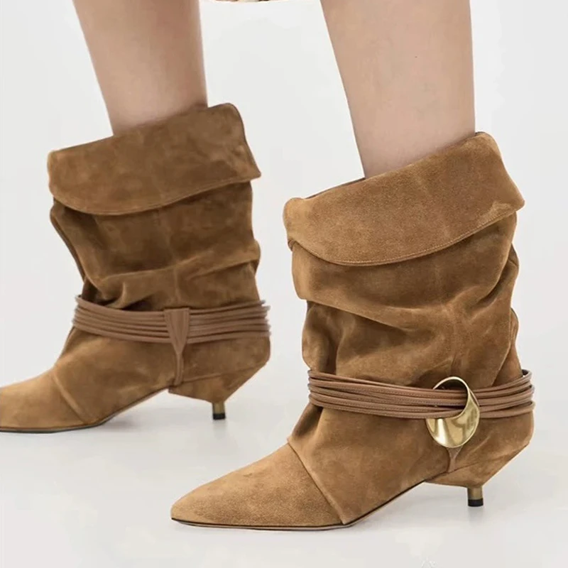 Liyke Mode Design Falten Plissee Stiefeletten Für Frauen Winter Straße Vintage Spitz Seltsame Low Heels Runway Schuhe Braun