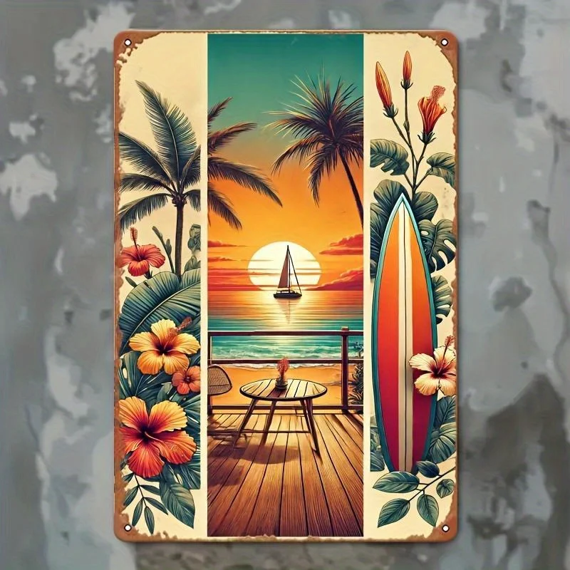 Aroha Beach Sunset Tropical Coastal Metall-Blechgemälde – Stranddekoration mit Bäumen, Surfbrett und Hibiskusblüten – einfach aufzuhängen für den Innenbereich Image