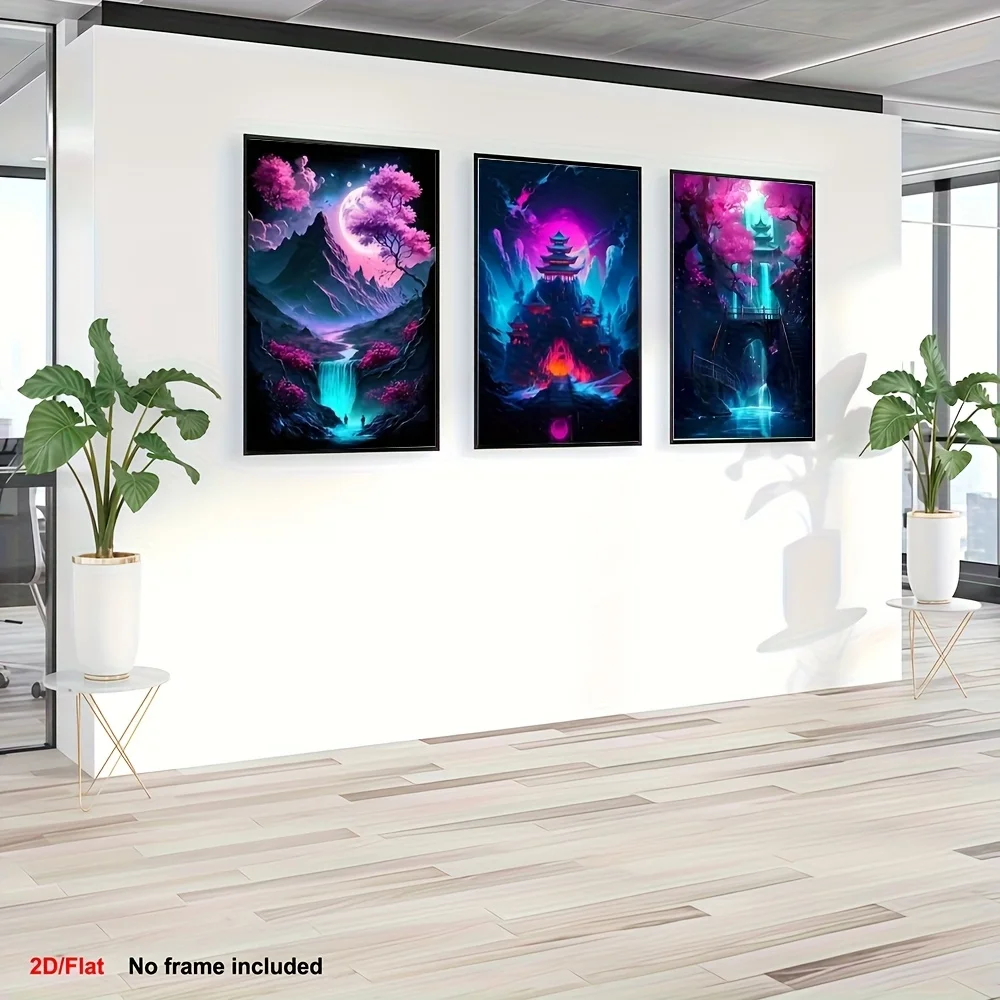 3-teiliges modernes abstraktes Wandkunst-Set – Triptychon-Leinwandgemälde mit tiefvioletten, blauen, rosa, schwarzen, türkisfarbenen Neonfarben – Rahmen