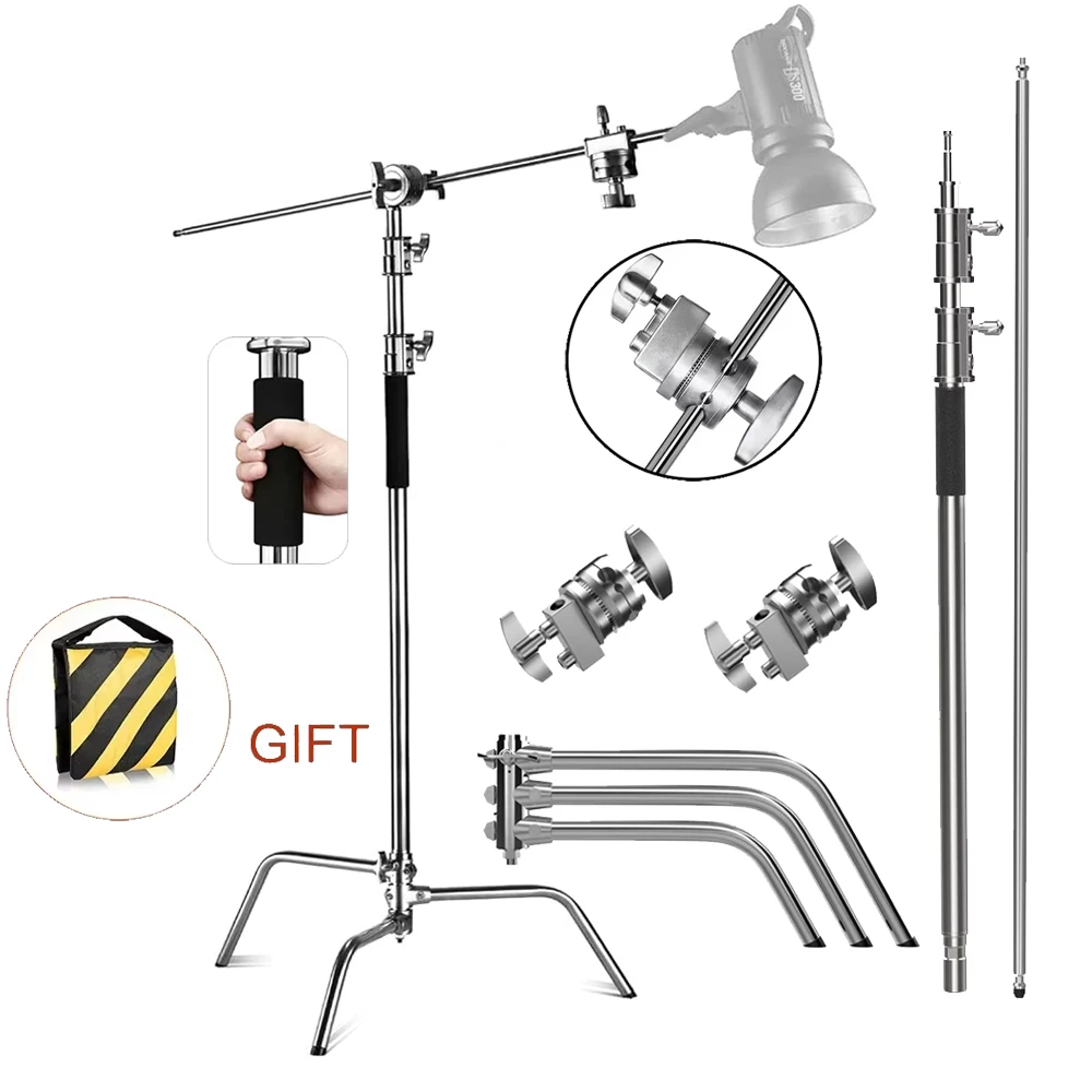 Robustes 8,5 Fuß silbernes, schwarzes C-Standlichtständer-Fotografie-Set aus rostfreiem Metall für Fotogeräte-Studioshootings Image