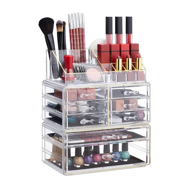 relaxdays Make Up Organizer mit 8 Schubladen 30 x 24 x 14 cm transparent / gold transparent Image