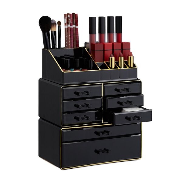 relaxdays Make Up Organizer mit 8 Schubladen 30 x 24 x 14 cm schwarz / gold Image