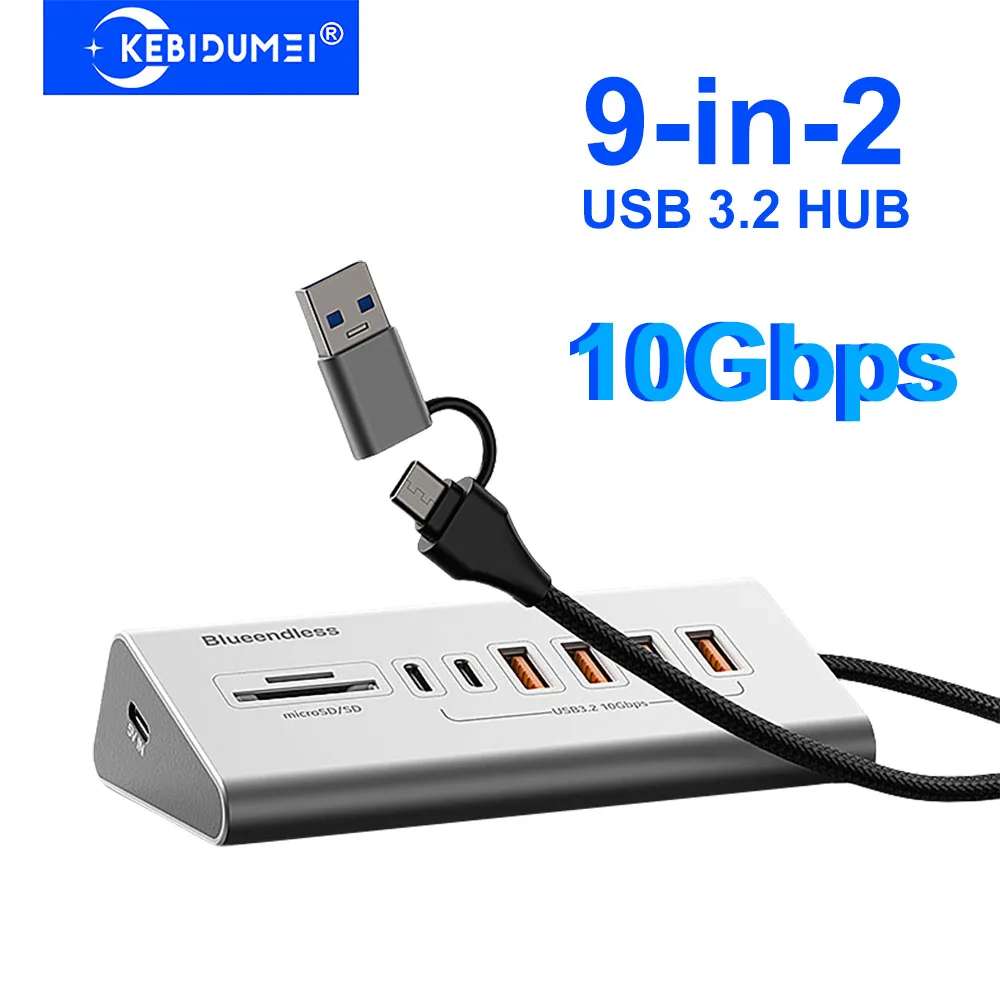 Hub USB 3.2 da 10 Gbps Docking station USB tipo C Splitter con lettore di schede Switch multi 8/9 porte in lega di alluminio per PC portatile
