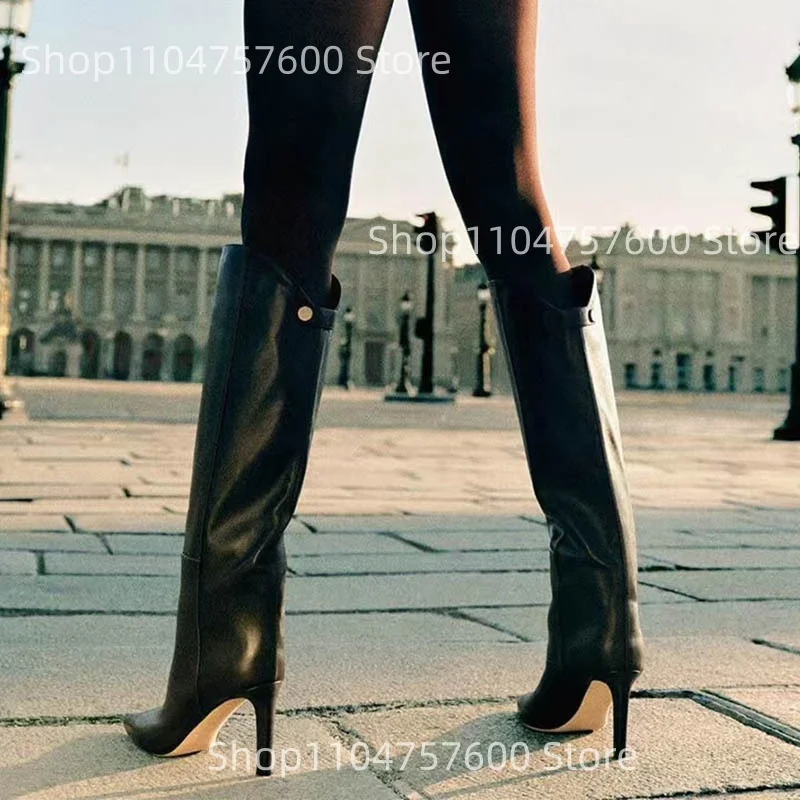 Kniehohe Stiletto-Stiefel aus Leder für Damen, spitzer Zehenbereich, dünner Absatz, eleganter Stiefel, Herbst, formell, Büro, Alltag, Damenschuhe in großen Größen