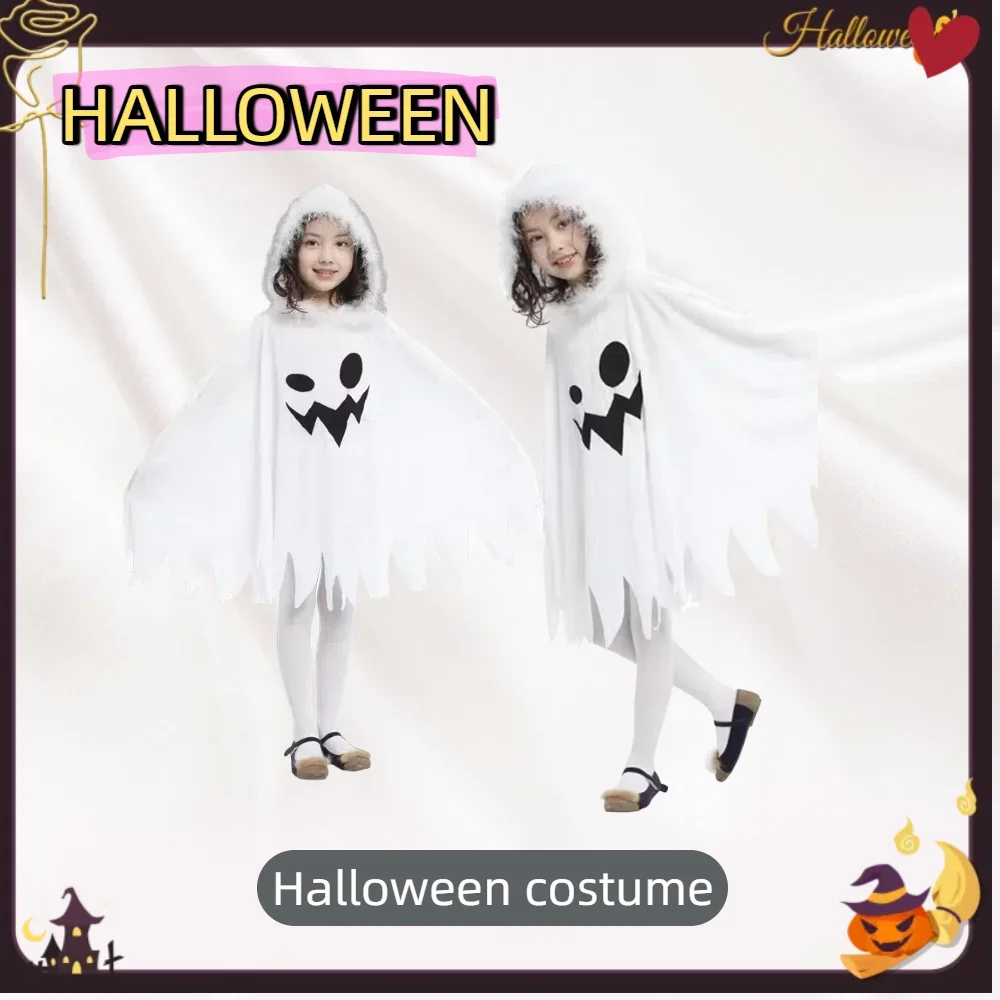 Halloween Witch Costume for Kids with White Fur Trim Collar Ghostly White Spirit Dress Playful Fairy Cape