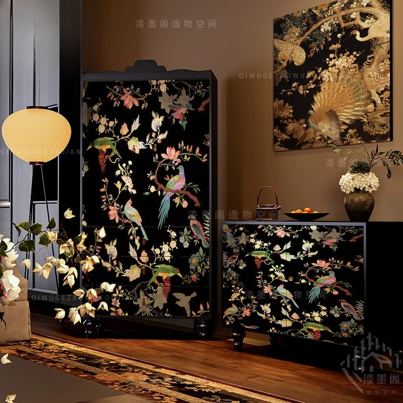 Französischer antiker chinesischer Blumen- und Vogel-Kleiderschrank, Wohnzimmer, Massivholz, Spind, vertikaler Schrank, Veranda, Mult