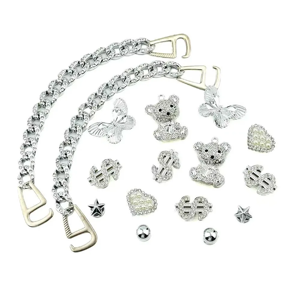 16PCS Mode Schuh Charms Set Silber Diamant Bär Schmetterling Kette Schuh Dekorationen Schnalle für Sandalen Clogs DIY Zubehör geschenk