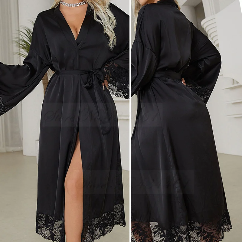 Sexy Spitze Kimono Bademantel Kleid Frühling Sommer weibliche lange Robe Lounge tragen Seide Satin Nachtwäsche Nachthemd lässig zu Hause tragen Image