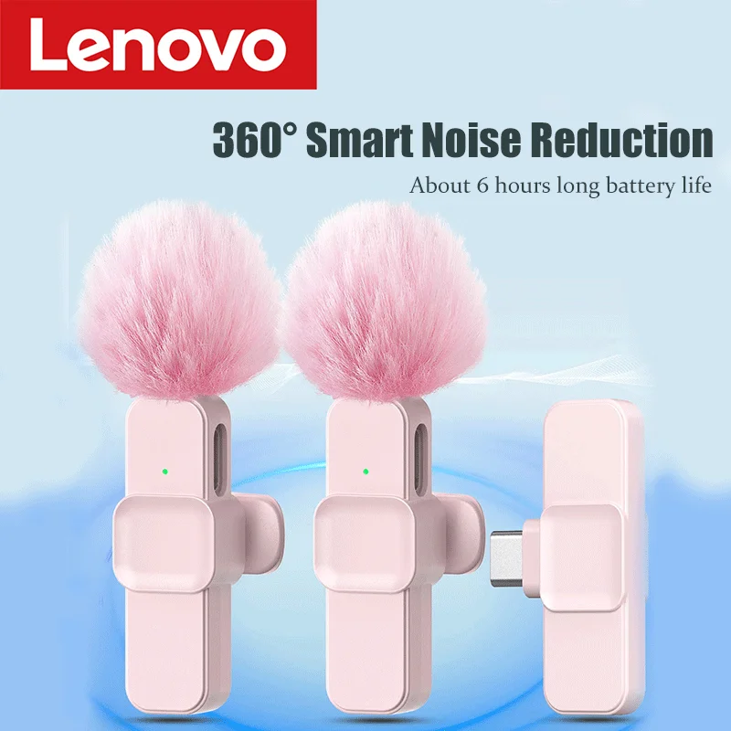 Microfono Lavalier Wireless Rosa Lenovo per iPhone, Android, PC, Gaming, Registrazione Audio Video Portatile, Microfono per Vlog