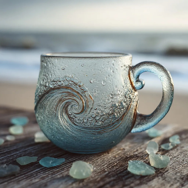 Sea Glass Wave Mug, 12 oz Handmade Oceans Wave Glass Coffee Cup, Oceans Waves Coffee Mugs with Insulated Handle, Creative Sea Waves Texture Drinking Tea Cup, for Hot Cold Drinks