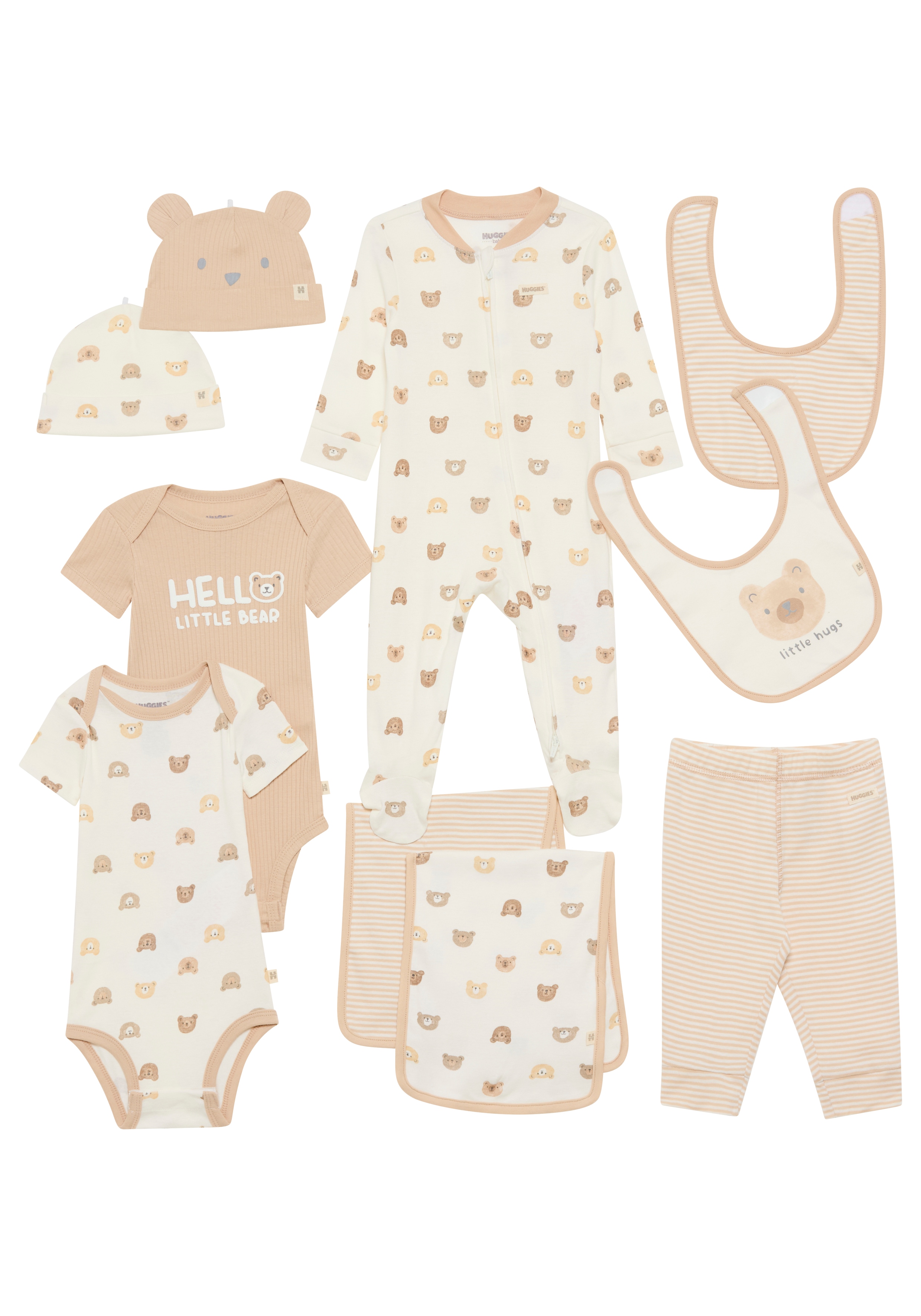Neugeborenen-Geschenkset HUGGIES BABYWEAR "HGHN 10PC GIFT BOX SET", Baby, Gr. 1 (56/68), granola, Jersey, Obermaterial: 100% Polyester, gemustert, gestreift, Basic, KOB Set-Artikel, mit Bärchenmotiven Image