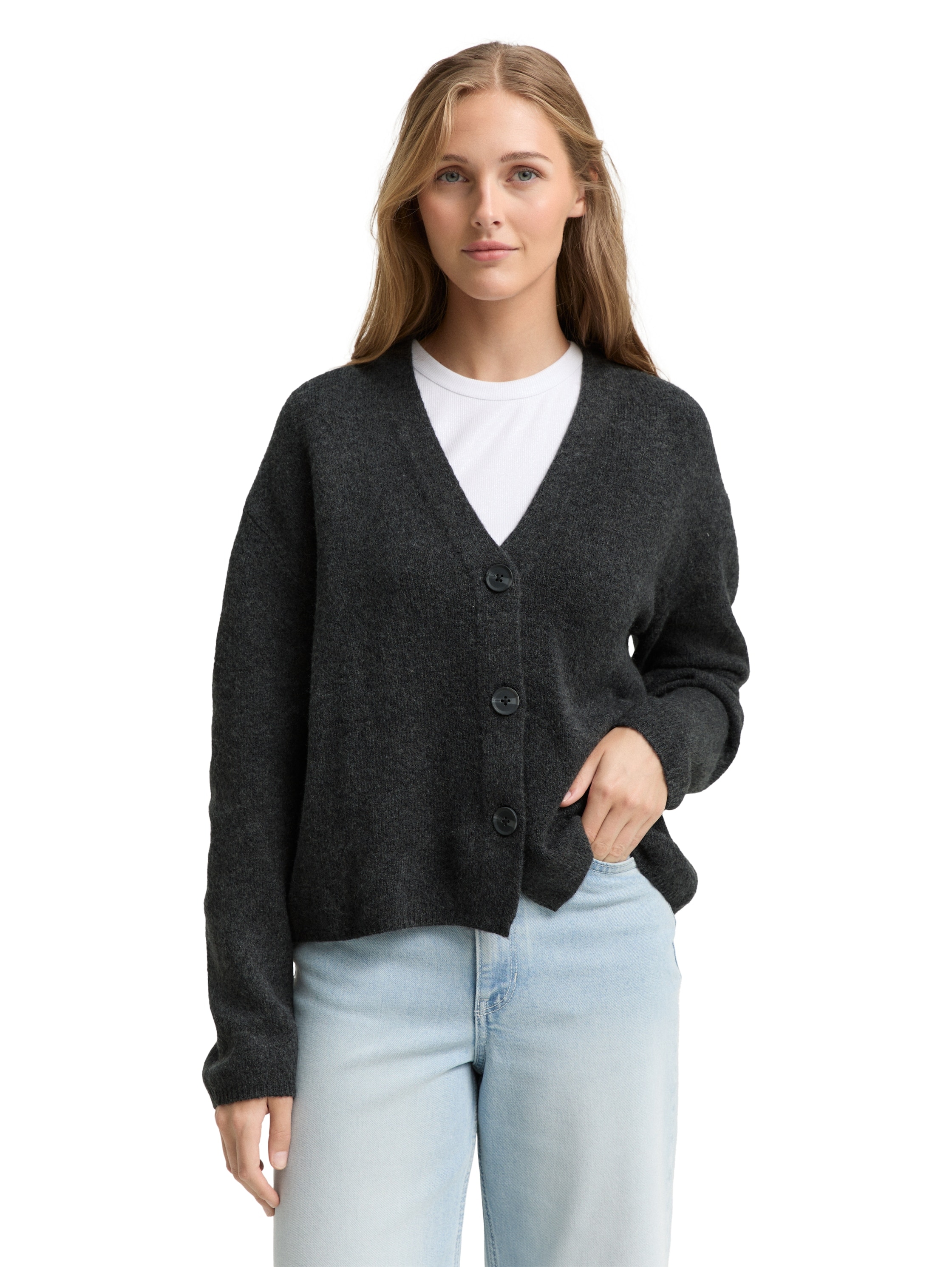 Cardigan TOM TAILOR DENIM, Damen, Gr. XXL, shale grau melange, Strick, Obermaterial: 62% Polyacryl, 25% Polyester, 10% Baumwolle, 3% sonstige Fasern, meliert, regular fit taillenbedeckt, V-Ausschnitt, Strickjacken, mit V-Ausschnitt