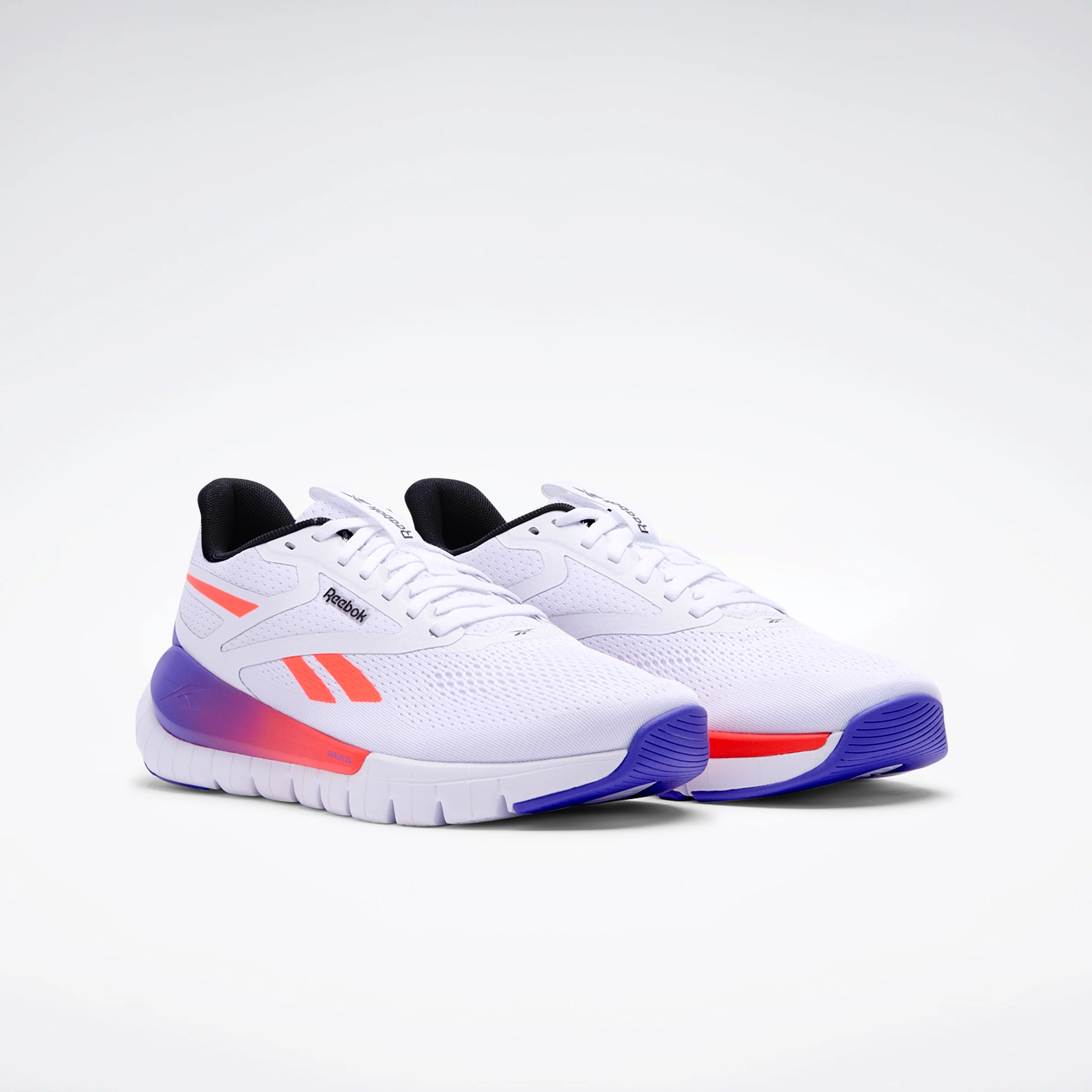 Trainingsschuh REEBOK "REEBOK FLEX TRAINER", Gr. 42, footwear weiß, flash orange, royal lila, Synthetik, Textil, Schuhe
