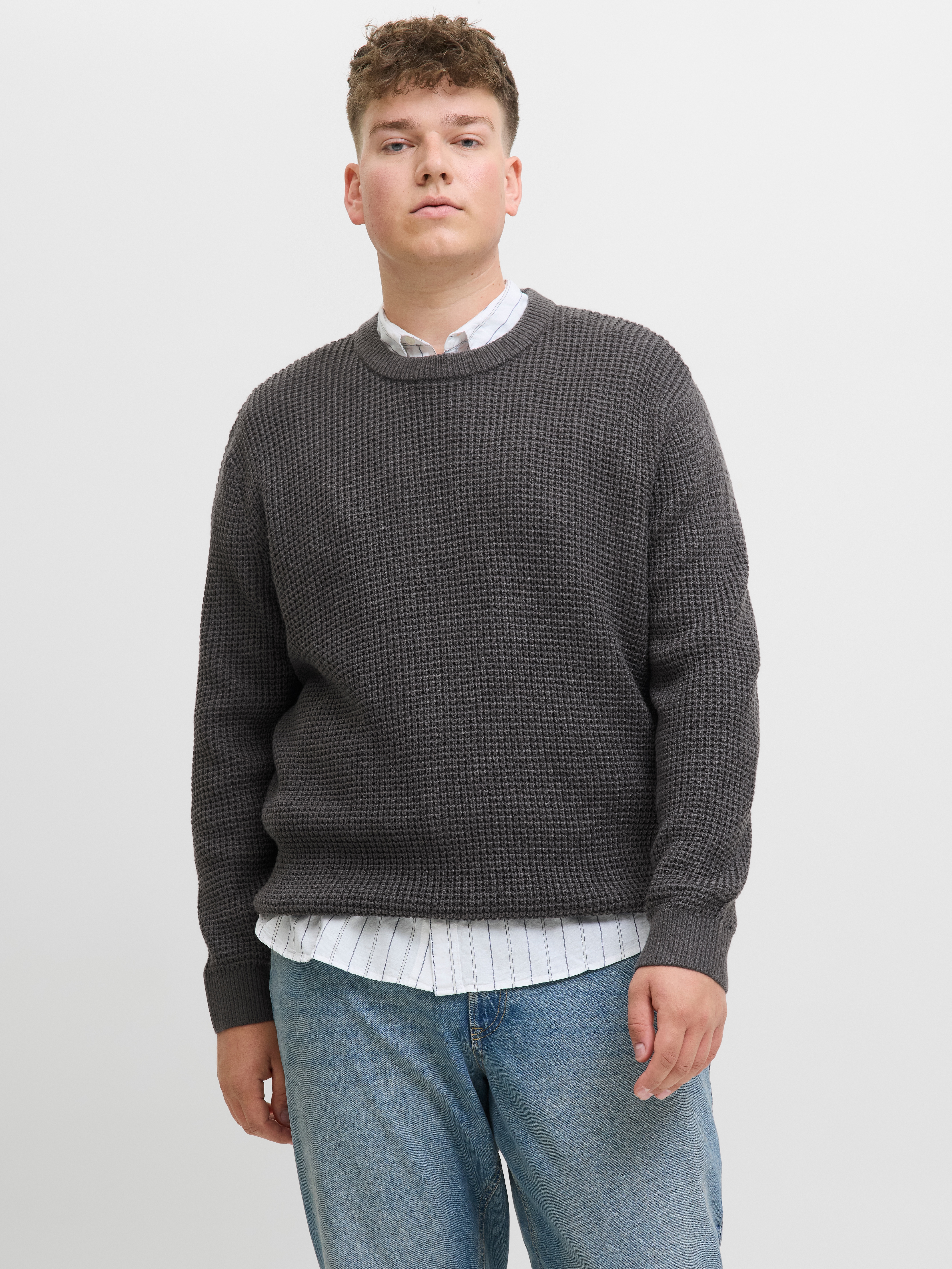 Strickpullover "JJGLOBAL KNIT CREW NECK PLS", Damen, Gr. 4XL, asphalt, Strick, Obermaterial: 67% Polyacryl, 33% Baumwolle, JACK & JONES PLUSSIZE, unifarben, normal, Rundhals, Pullover Strickpullover