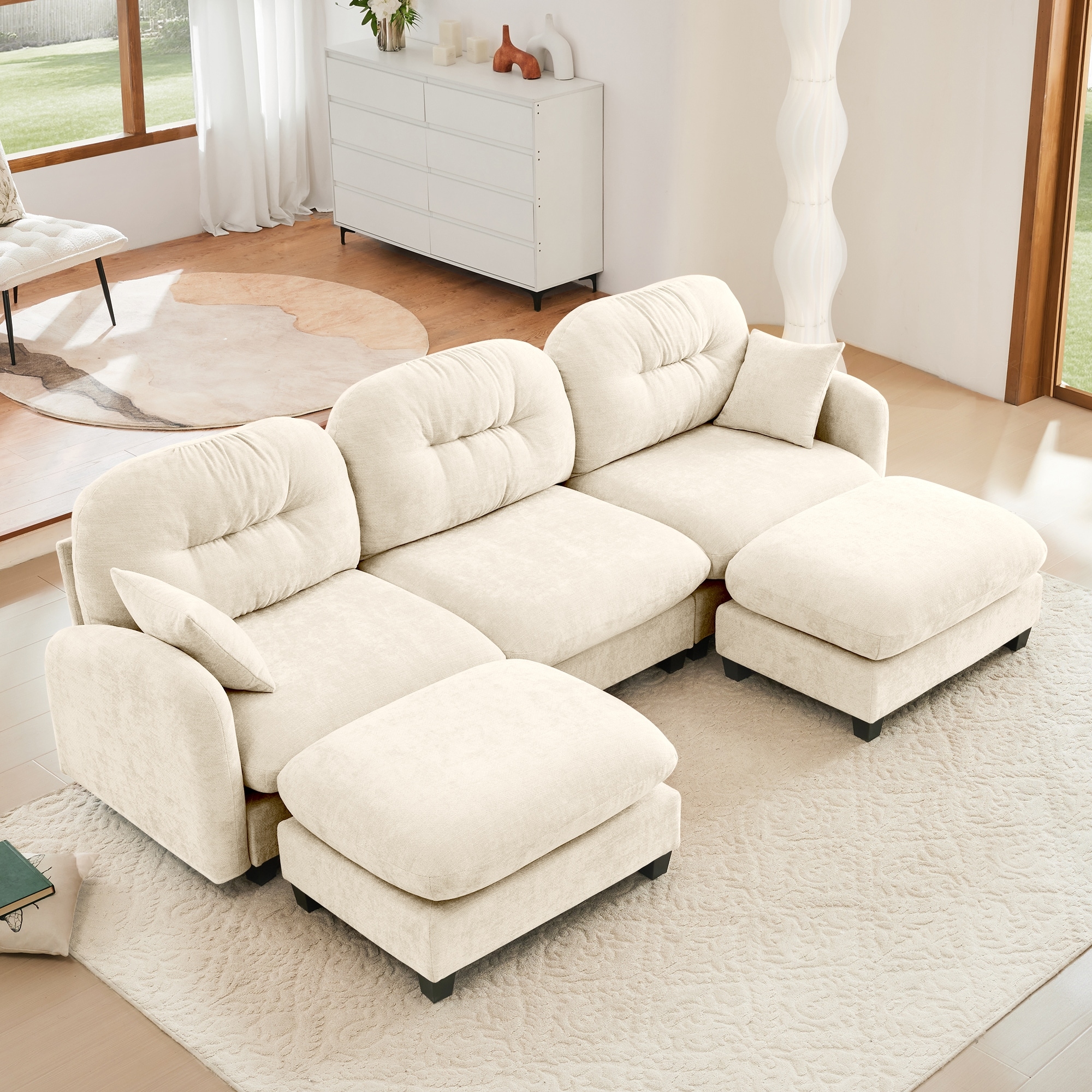 GDF Studio - Nina Modular Modern Chenille U-Shaped Sectional Sofa with Ottoman and 2 Soft Throw Pillows