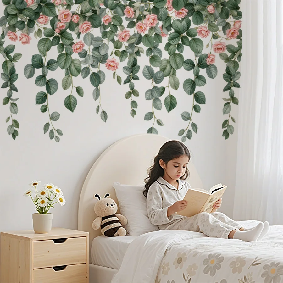 Aquarell Rebe Blume Wandaufkleber Abnehmbare PVC Wanddekoration für Schlafzimmer Wohnzimmer Kinderzimmer Kinderzimmer Heimdekoration