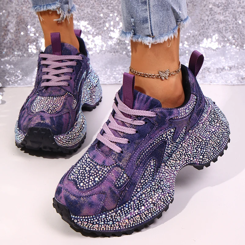 Luxus Strass Chunky Turnschuhe für Frauen Mode Lila Denim Plattform Sport Schuhe Frau Rutschfeste Dicke Sohle Vulkanisieren Schuhe