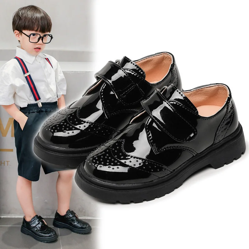 Kinderschuhe für Jungen, echtes Leder, Schuhe für Kinder, Hochzeit, Schule, Show, Kleid, flache Schuhe, leichte klassische schwarze Kinder-Loafer-Mokassins Image