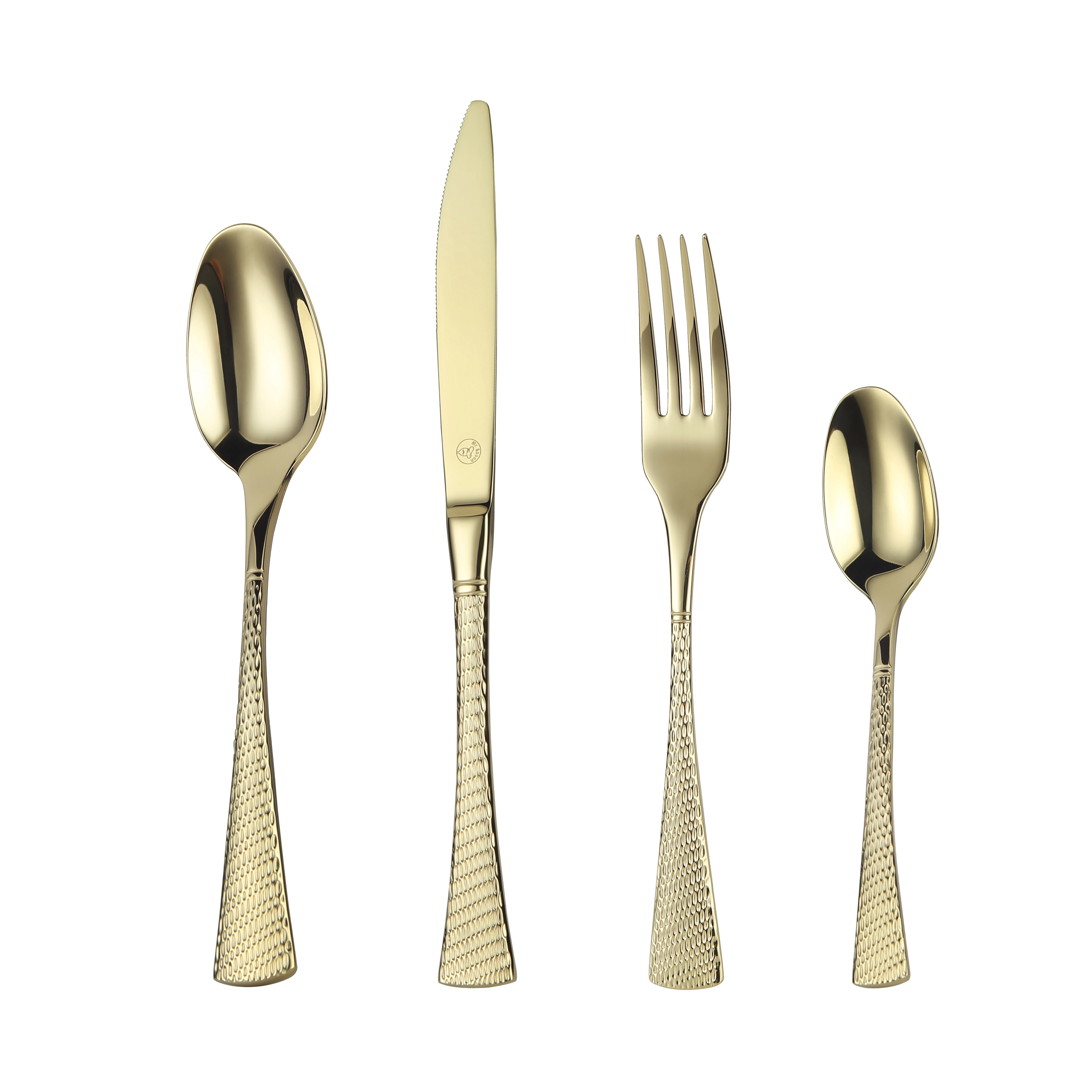 Set di posate da 24 pezzi Mr.Spoon, acciaio inossidabile 18/0, colore oro lucido, finitura alta, design moderno, include coltello, forchetta, cucchiaio, cucchiaino, posate, lavabile in lavastoviglie.
