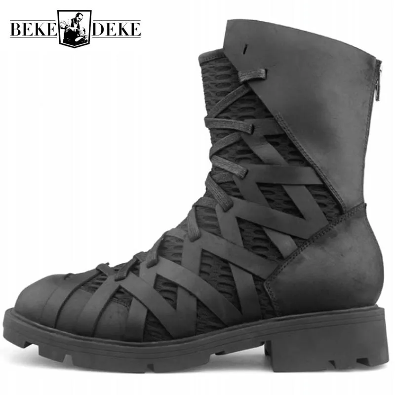 High-Top Punk Schuhe Männer Knöchel Luxus Trainer Echtes Leder Mesh Patchwork Zurück Zip Motorrad Stiefel Casual Hip Hop turnschuhe