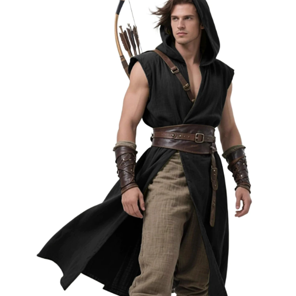 Mittelalterlicher Wappenrock mit Kapuze für Herren, Renaissance-Wappenrock, ärmellos, Tunika, Umhang, Wikinger-Kostüm, Holloween, Assassin, Cosplay Image