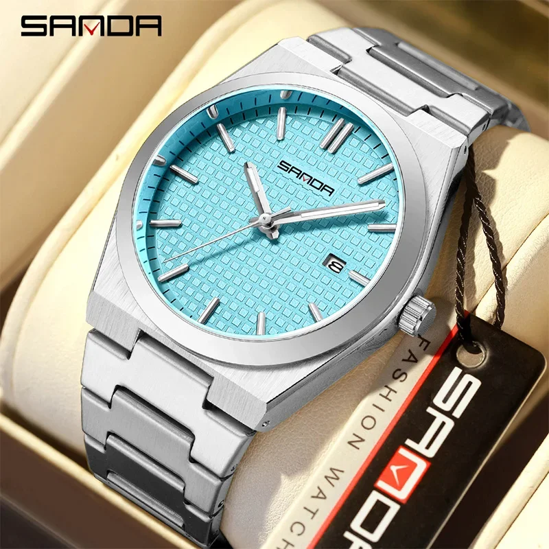 SANDA Top Business Mann Uhr Leuchtende Wasserdichte Silber Edelstahl Band Männer Große Zifferblatt Datum Quarz Mode Lässig herren Uhr Image