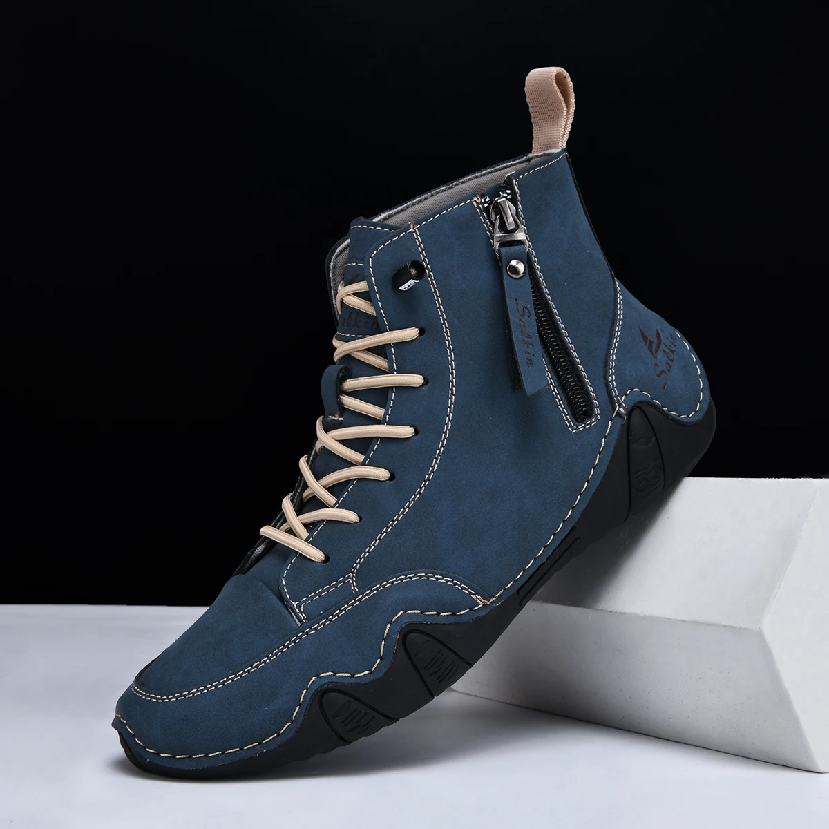 Handgenähte Vintage-Stiefel für Herren, modische einfarbige High-Top-Freizeitschuhe mit seitlichem Reißverschluss, Alltagskleidung für Frühling und Herbst, nackte Stiefel, Outdoor-Wandersneaker