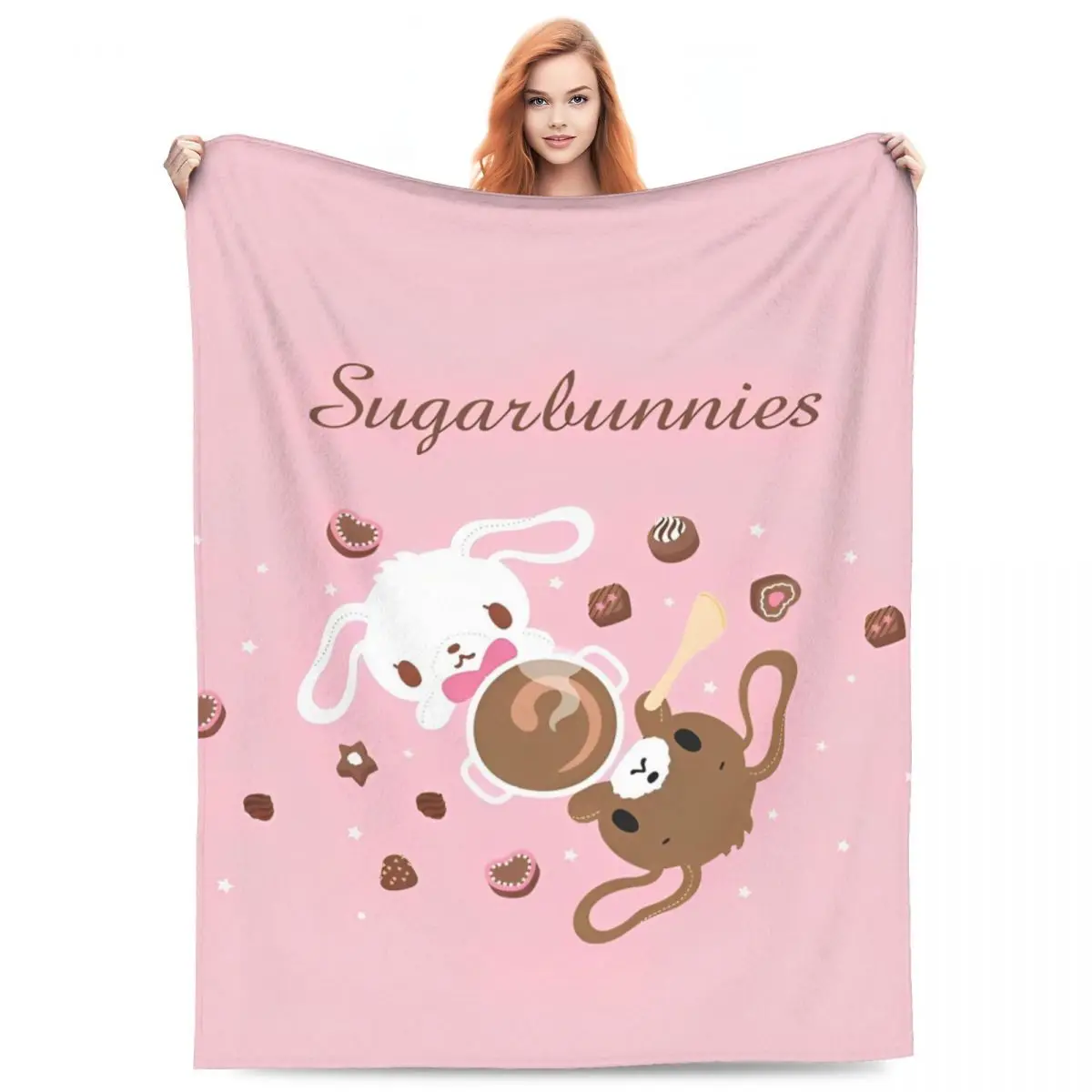 Cartoon Sugarbunnies Flanell-Überwurfdecke: passend für Sofa/Couch, superwarmer, plüschiger, dünner Steppdeckenstil für süße Heimtextilien Image