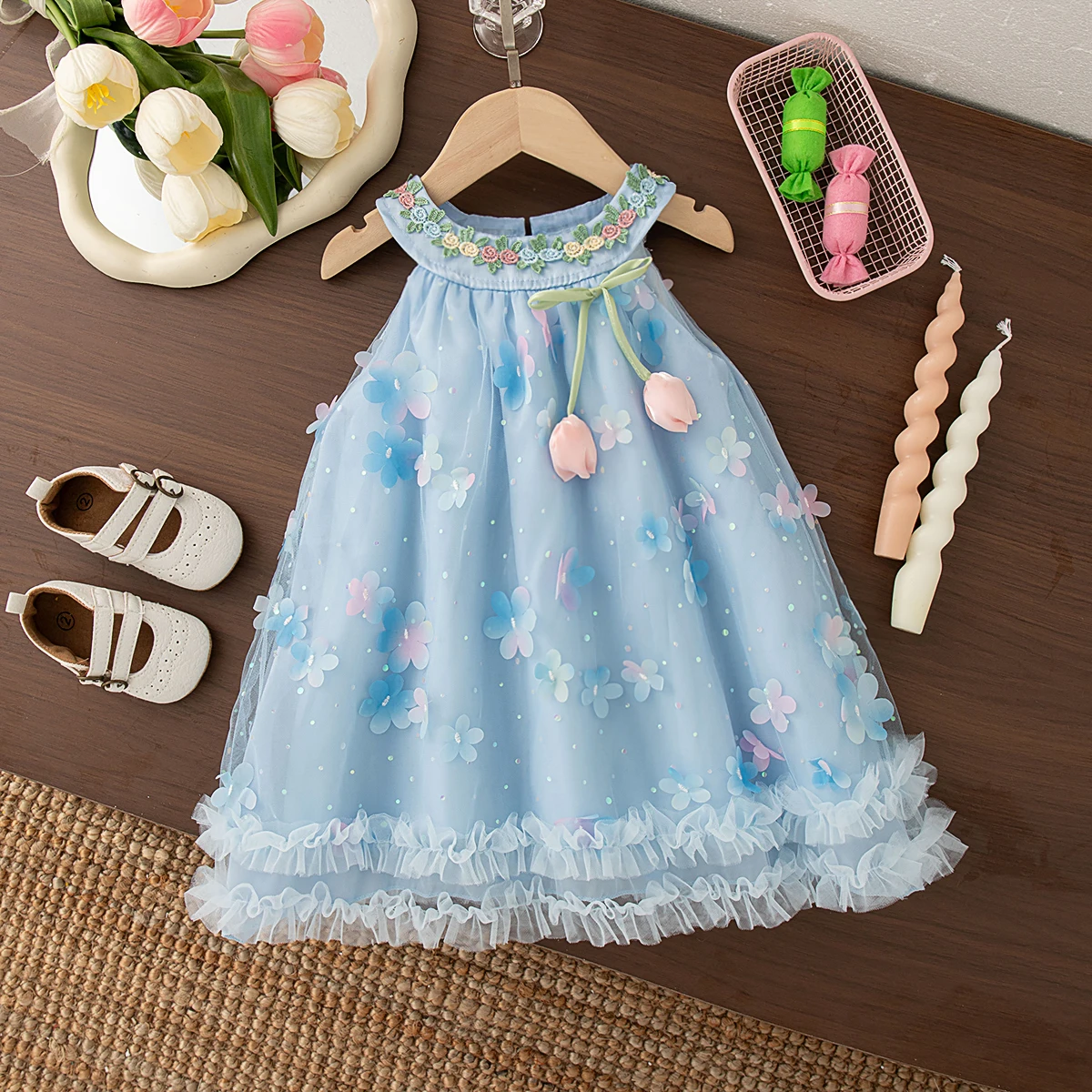 Mädchen Kleid Sommer Floral Mesh Neckholder Baby Mädchen Kleid Niedliche Schleife Baby Kleid Baby Mädchen Kleidung Image