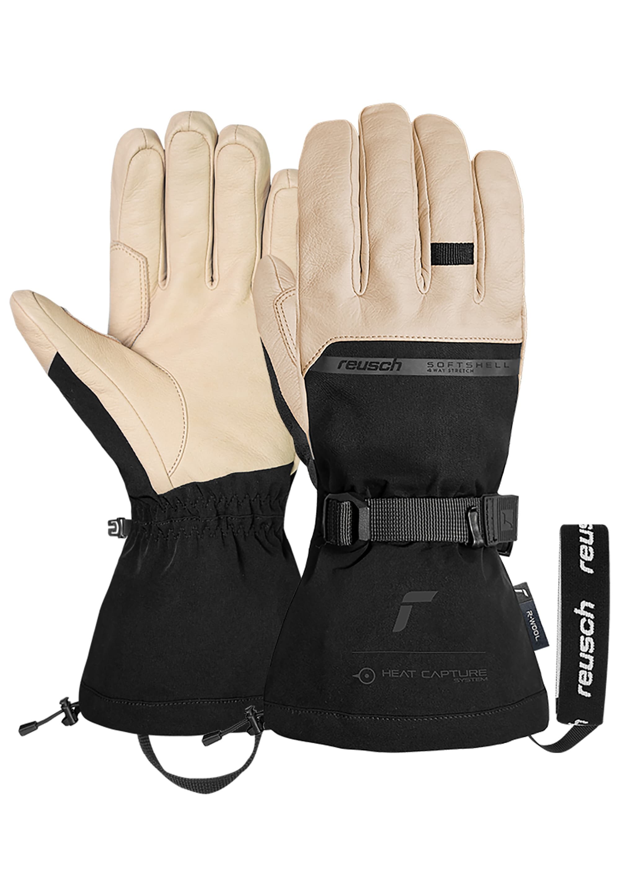 Skihandschuhe REUSCH "Duality R-WOOL", Damen, Gr. 9, beige, schwarz, 70% Polyester, 30% Rindsleder, unifarben, Handschuhe, mit winddichter, atmungsaktiver Funktion Image