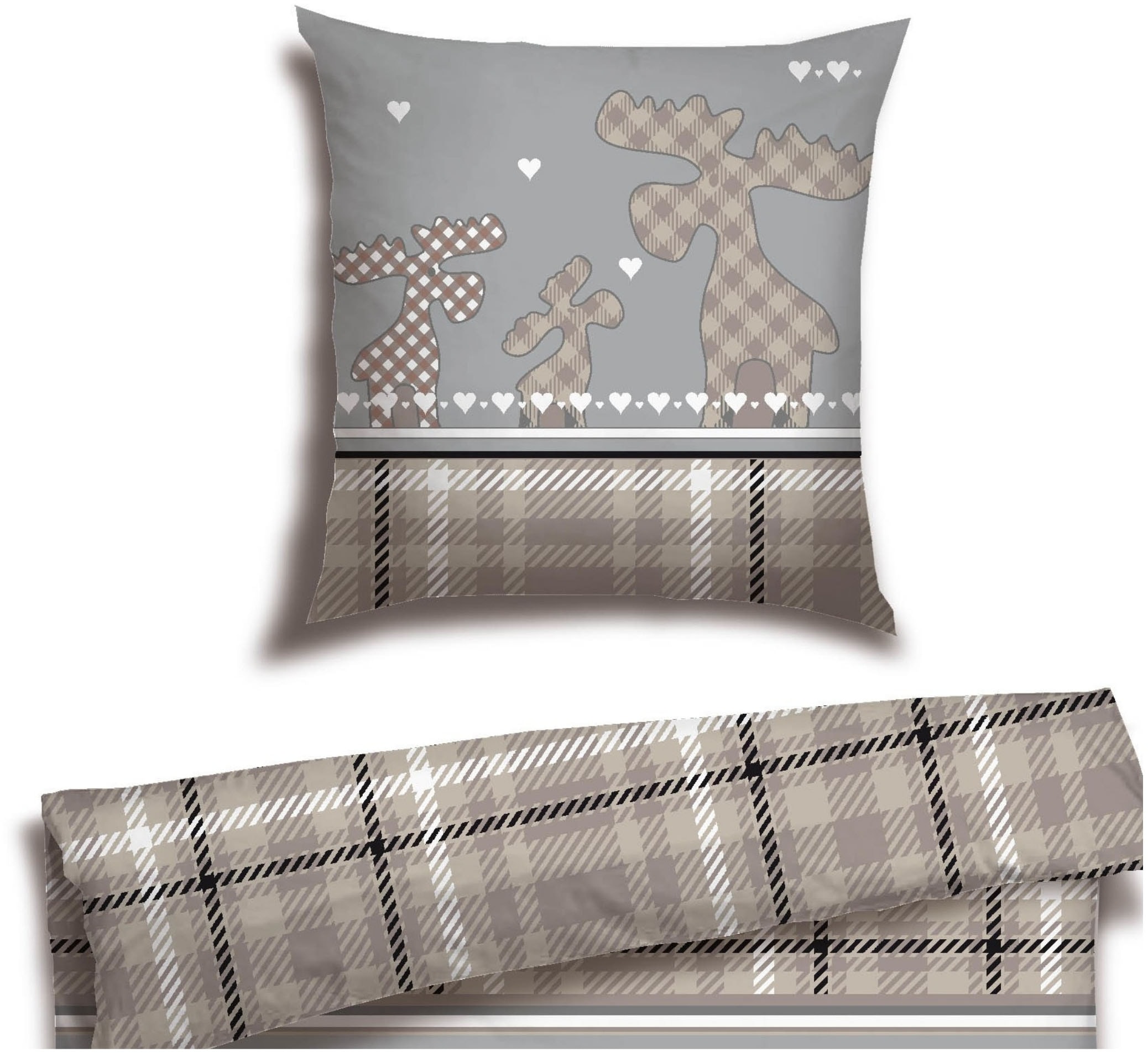 Bettwäsche SCHIESSER "Salous aus weichem Baumwollflanell mit Winterprint", beige (taupe), B/L: 135cm x 200cm, 1 Stk., 1 Stk., Feinbiber, B/L: 80cm x 80cm, 2 Stk., Feinbiber, Obermaterial: 100% Baumwolle, Bettwäsche, Made in Green Image
