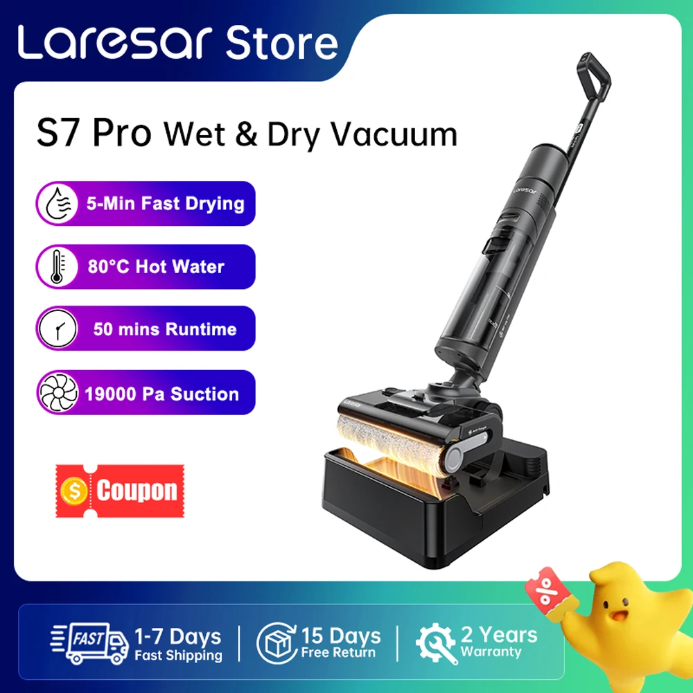 Laresar S7 Pro Kabelloser Nass- und Trockenstaubsauger, Wischmop, Lay-Flat-Reinigung, 5-Min-Schnelltrocknung, 80°C Selbstreinigung, 19000 Pa Saugleistung, Anti-Verheddern, 50 Min Laufzeit,