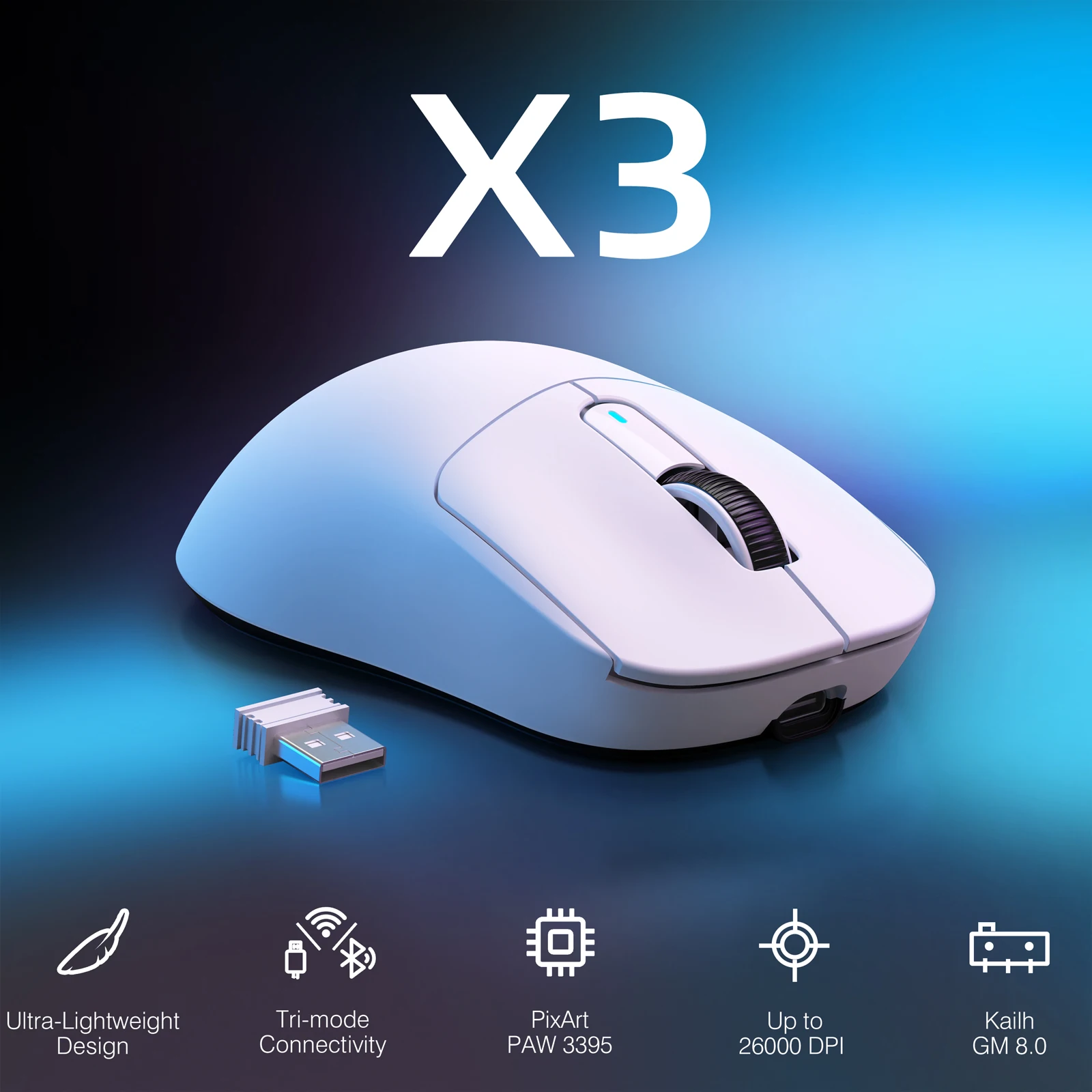 Angriff Hai x3 drahtlose Gaming-Maus, 49g ergonomische PC-Maus, dreifache Modi paw3395 26k dpi optischer Sensor, programmier bare Tasten Image