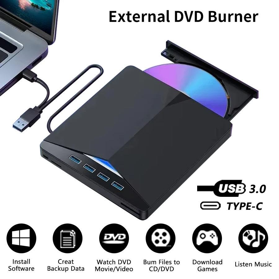 Lecteur CD externe USB 3.0 Type C 7 en 1, Type plateau, lecteurs optiques, graveur de DVD, lecteur de disque pour PC, ordinateur portable, Notebook