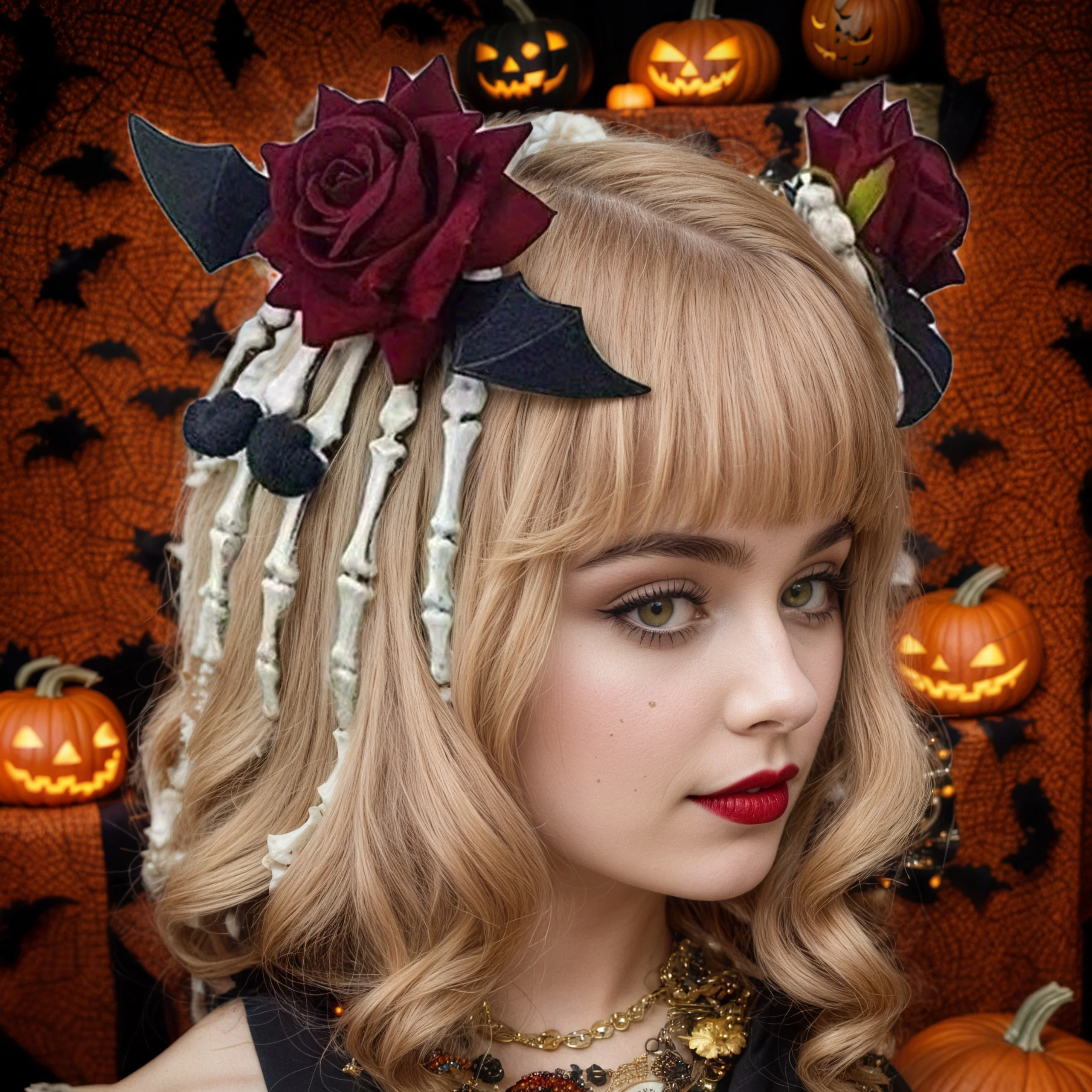 2 Gothic-Lolita-Haarspangen – dunkelrote Rose und Skelett-Finger-Design, Halloween-Gothic-Haarnadeln für Frauen Image