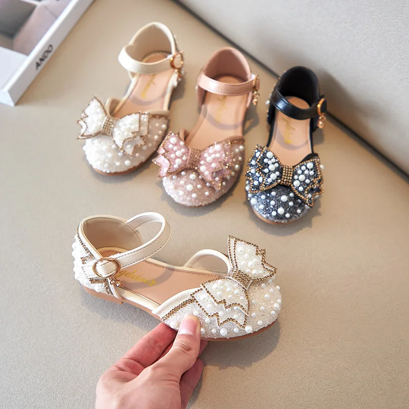 Neue Mädchen Sandalen Nette Schleife Perle Pailletten Kind Prinzessin Schuhe Flache Heels kinder Tanzen Größe 21-36