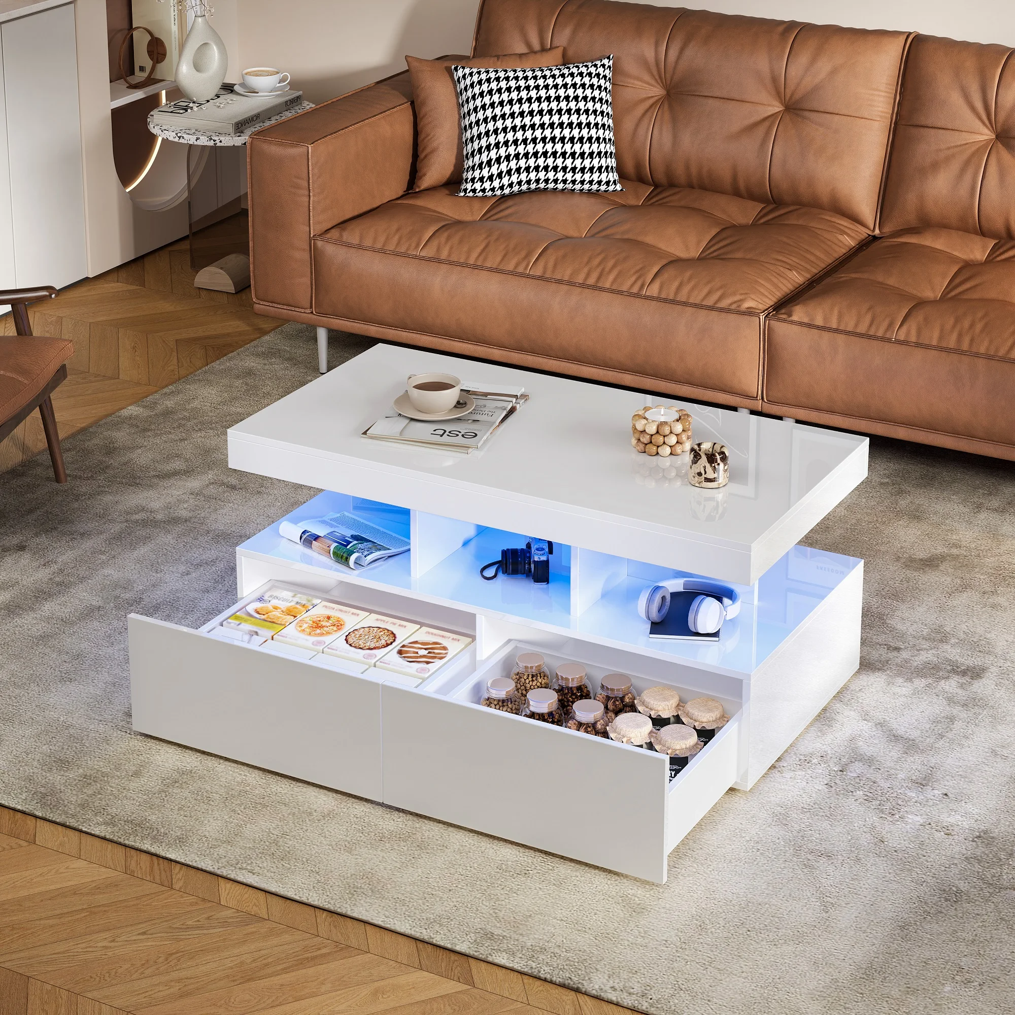 Rosahqnda Couchtisch mit LED-Beleuchtung, einstellbare Helligkeit, Hochglanz-Couchtisch für das Wohnzimmer mit 2 Schubladen, 104 x 53 x 46 cm