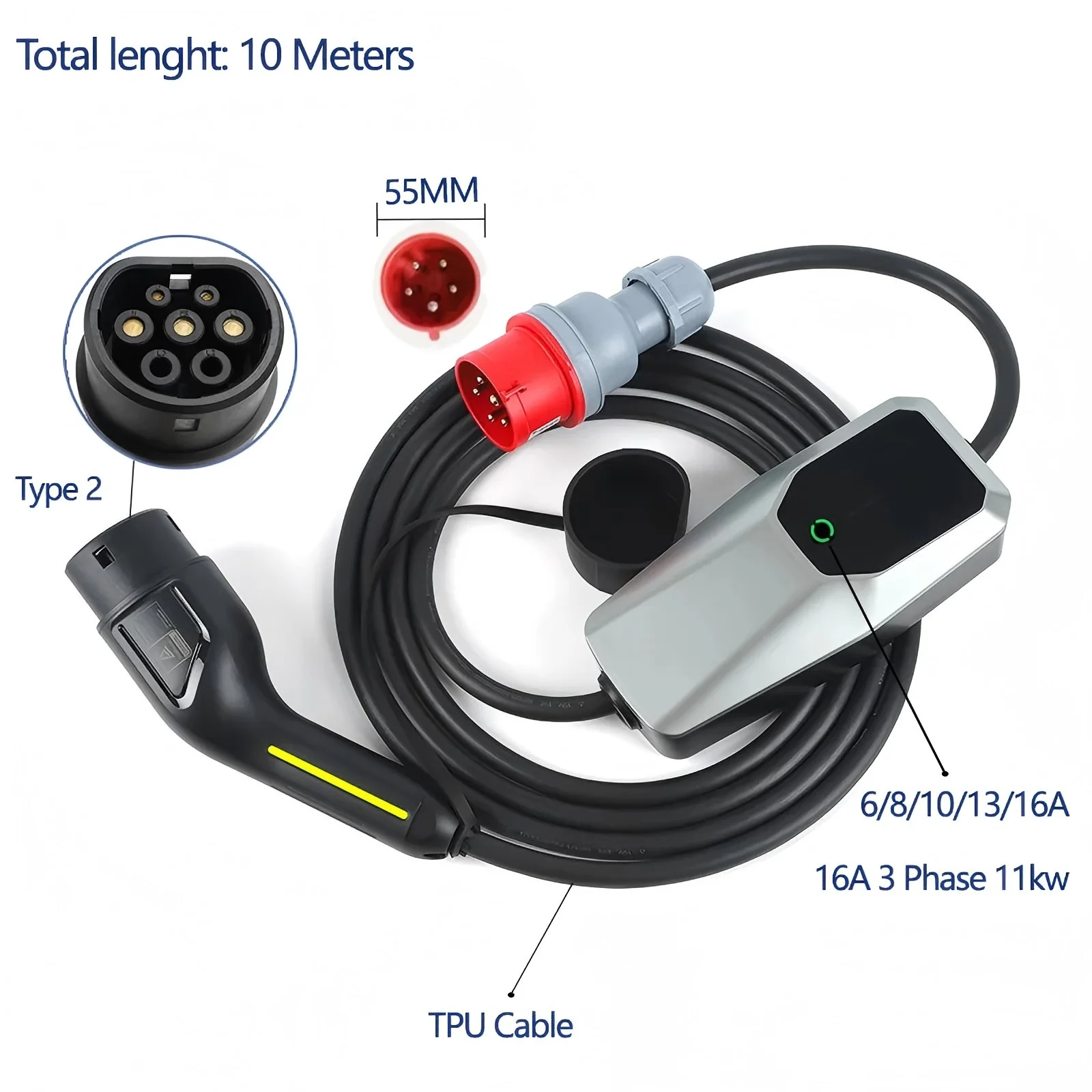 11 kW EV-Ladegerät 16 A 1 Phase für Elektroauto 11 kW 22 kW 6 A-16 A 4 Meter 10 Meter Tragbares Heimladegerät Image